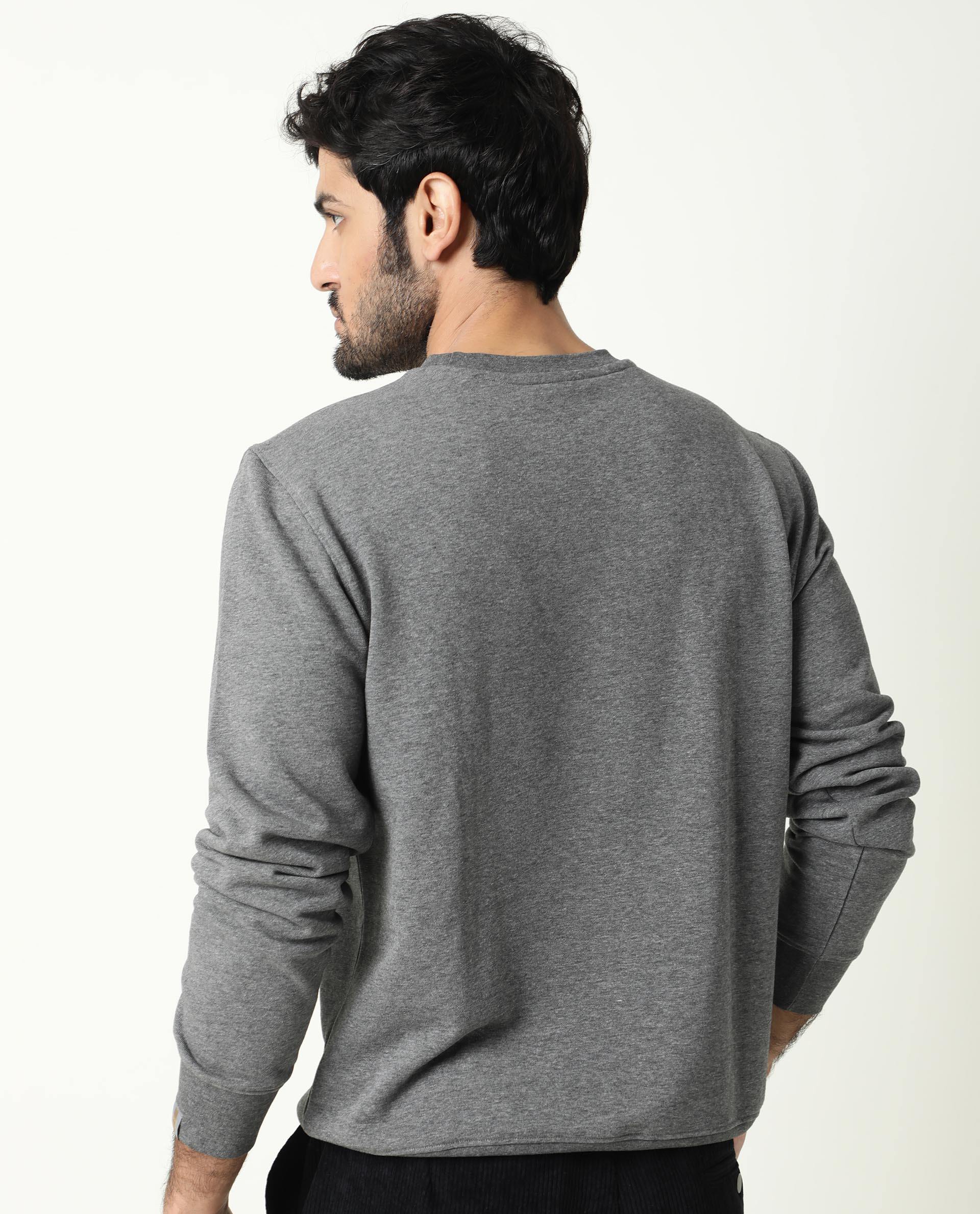 Rare Rabbit Men's Velveto Grey Cotton Polyester Fabric Full Sleeves Velvet Branding Knit Sweatshirt