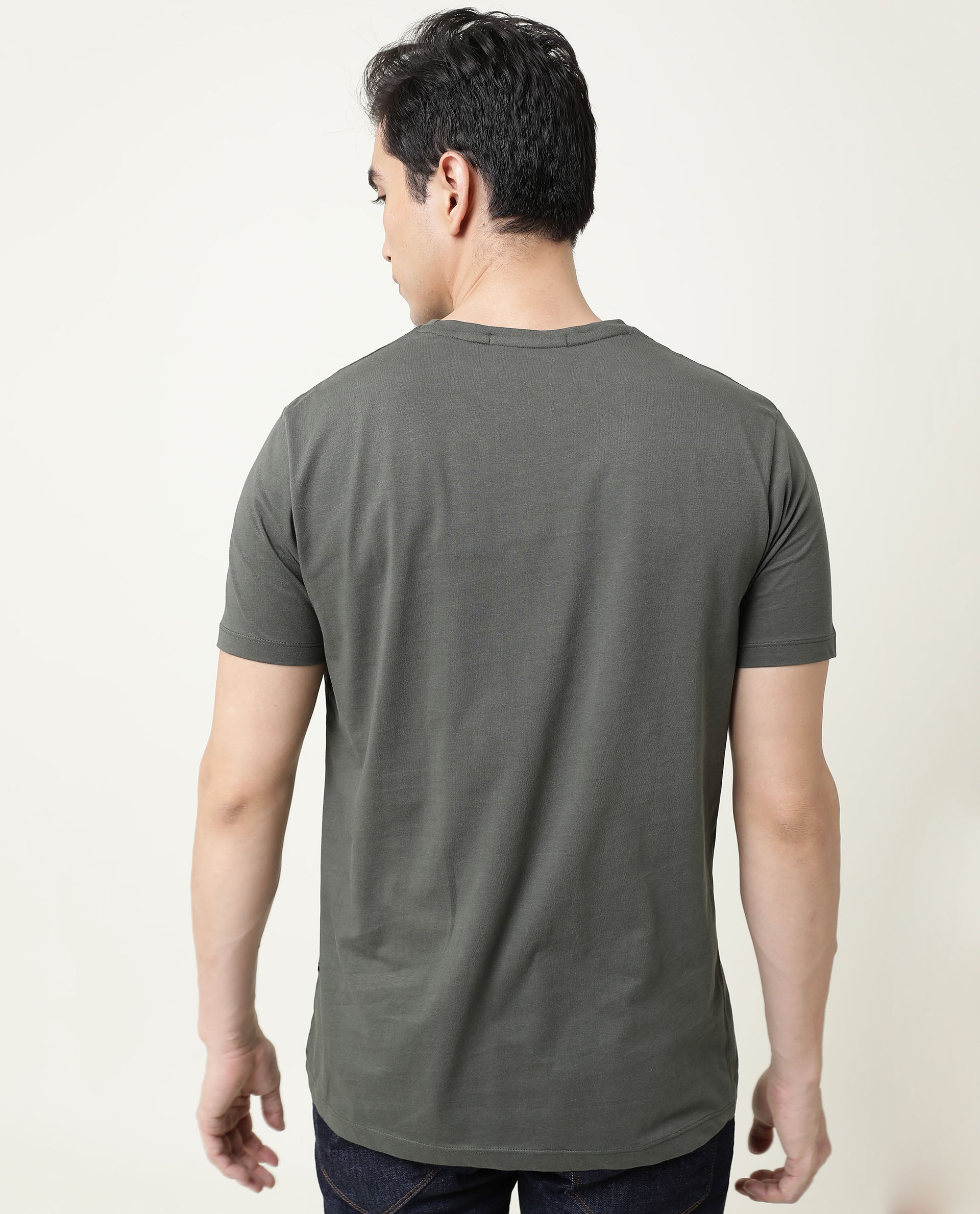 Rare Rabbit Men's Rainys Olive Crew Neck Abstract Print Slim Fit T-Shirt