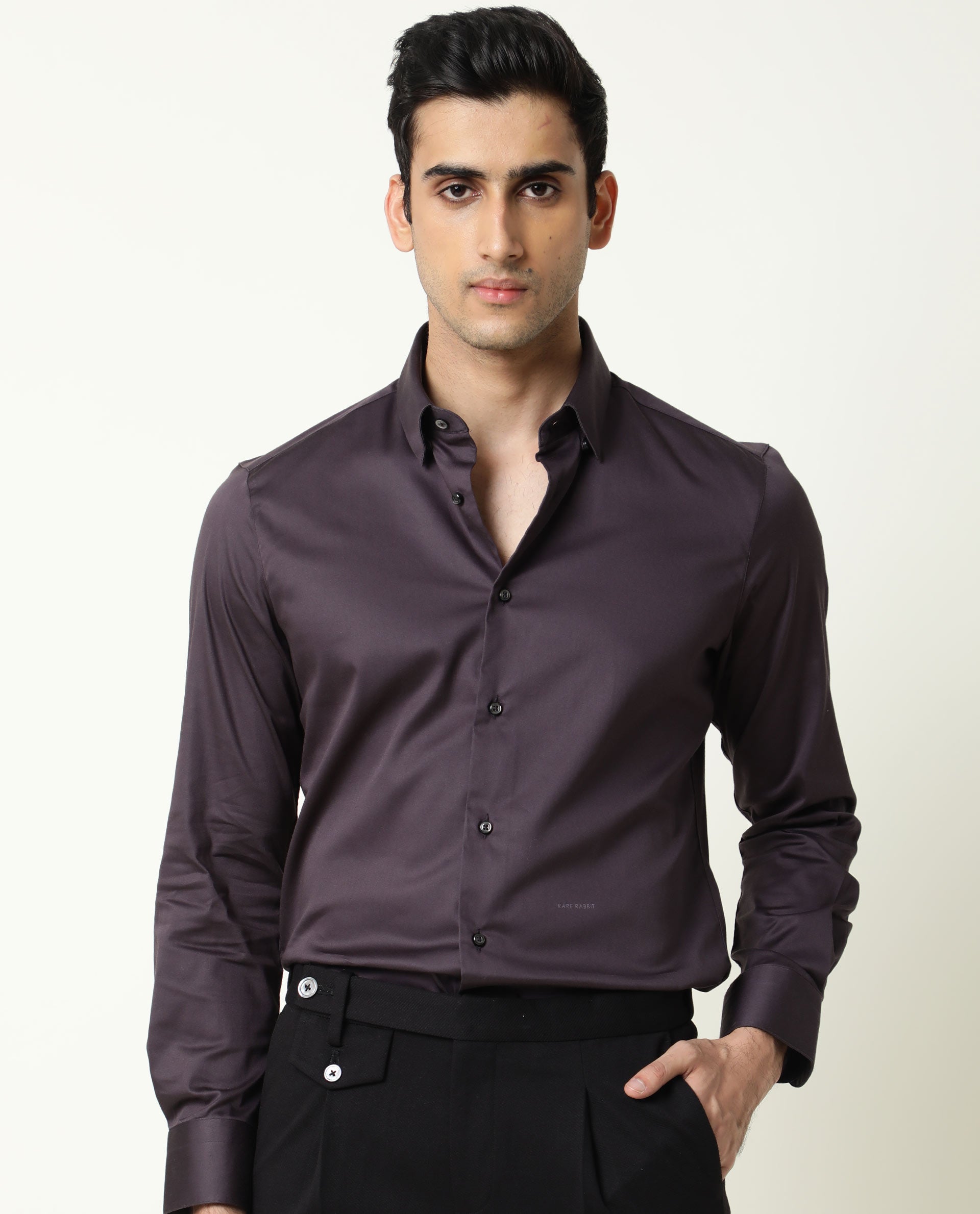 Rare Rabbit Men's Como Purple Satin Fabric Button Down Collar Full Sleeves Solid Formal Shirt