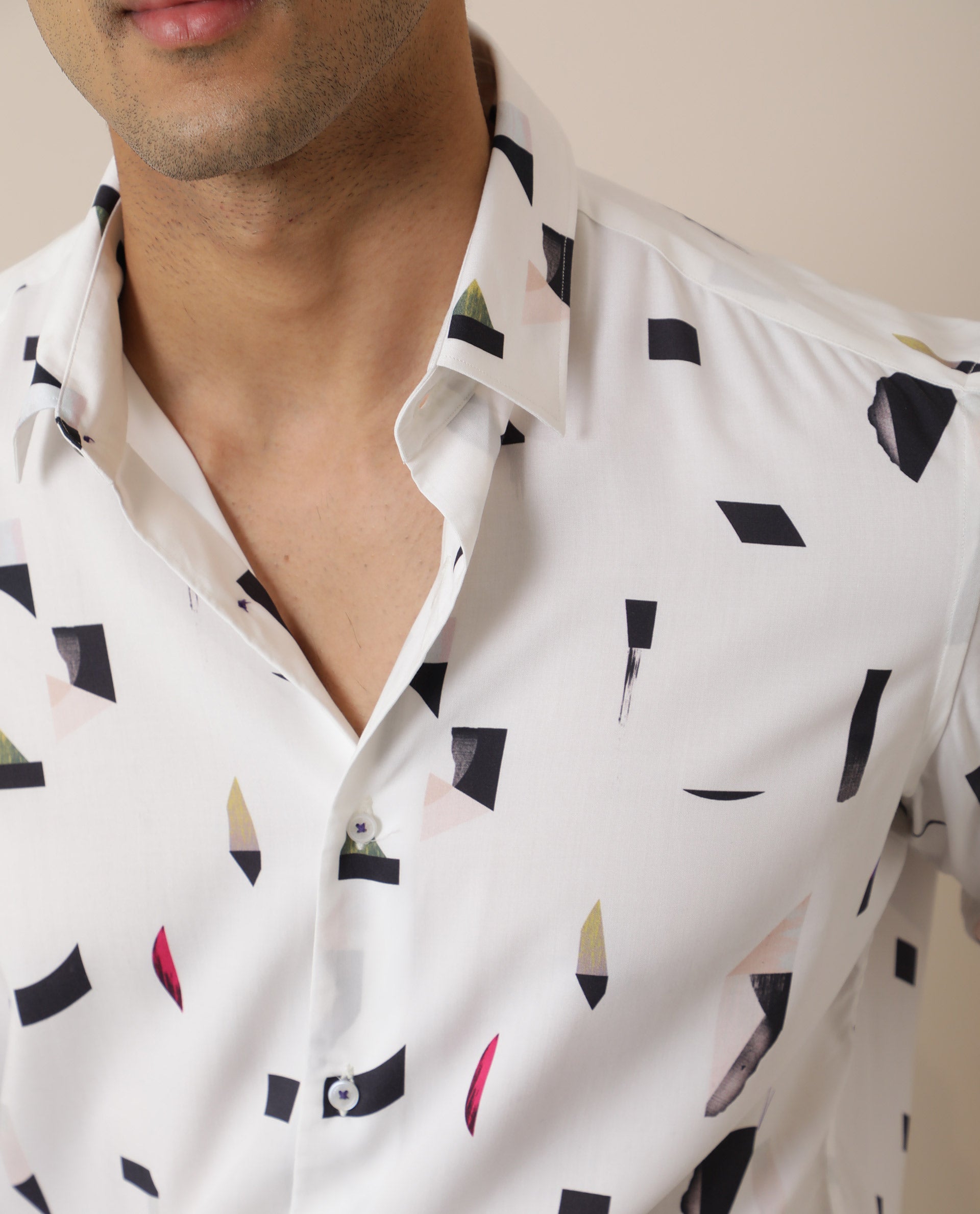 Rare Rabbit Men's Wedge White Cotton Fabric Abstract Print Full Sleeves Shirt