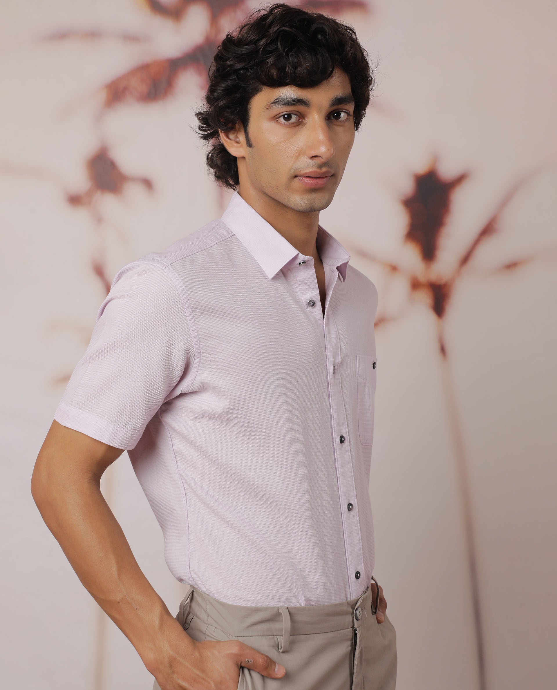 Rare Rabbit Men's Affle Pastel Purple Dobby Fabric Half Sleeves Solid Shirt