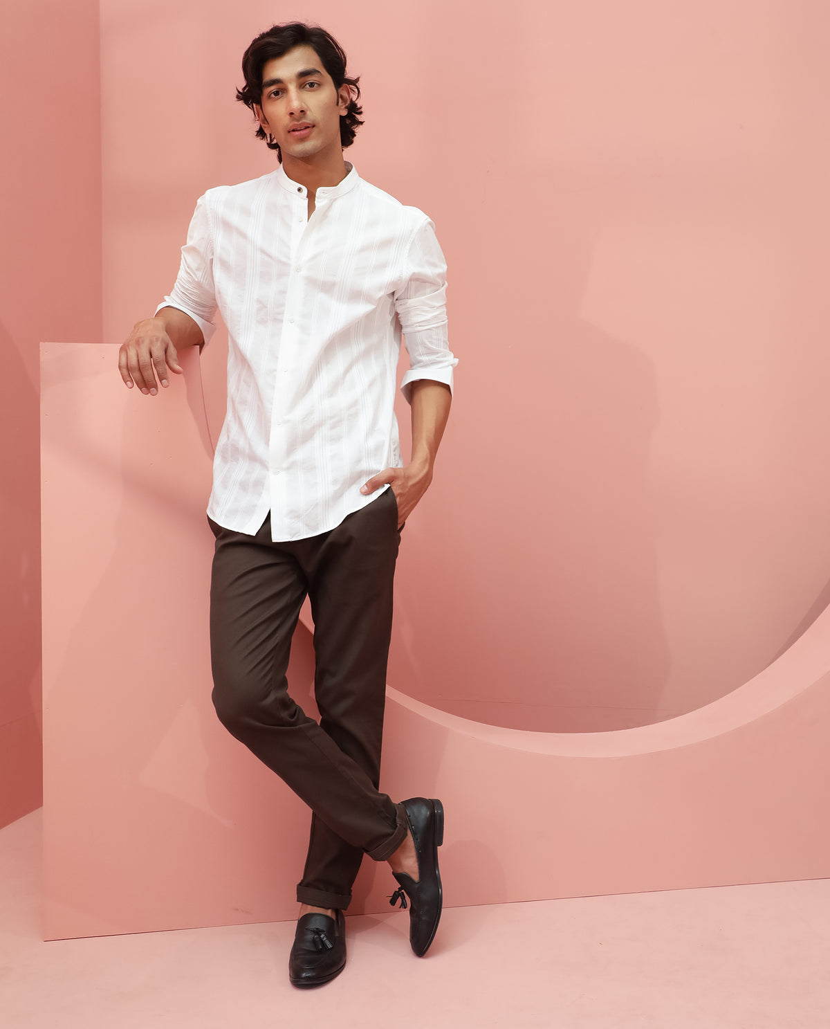 Rare Rabbit Men's Doppler White Dobby Mandarin Collar Full Sleeves Striped Shirt
