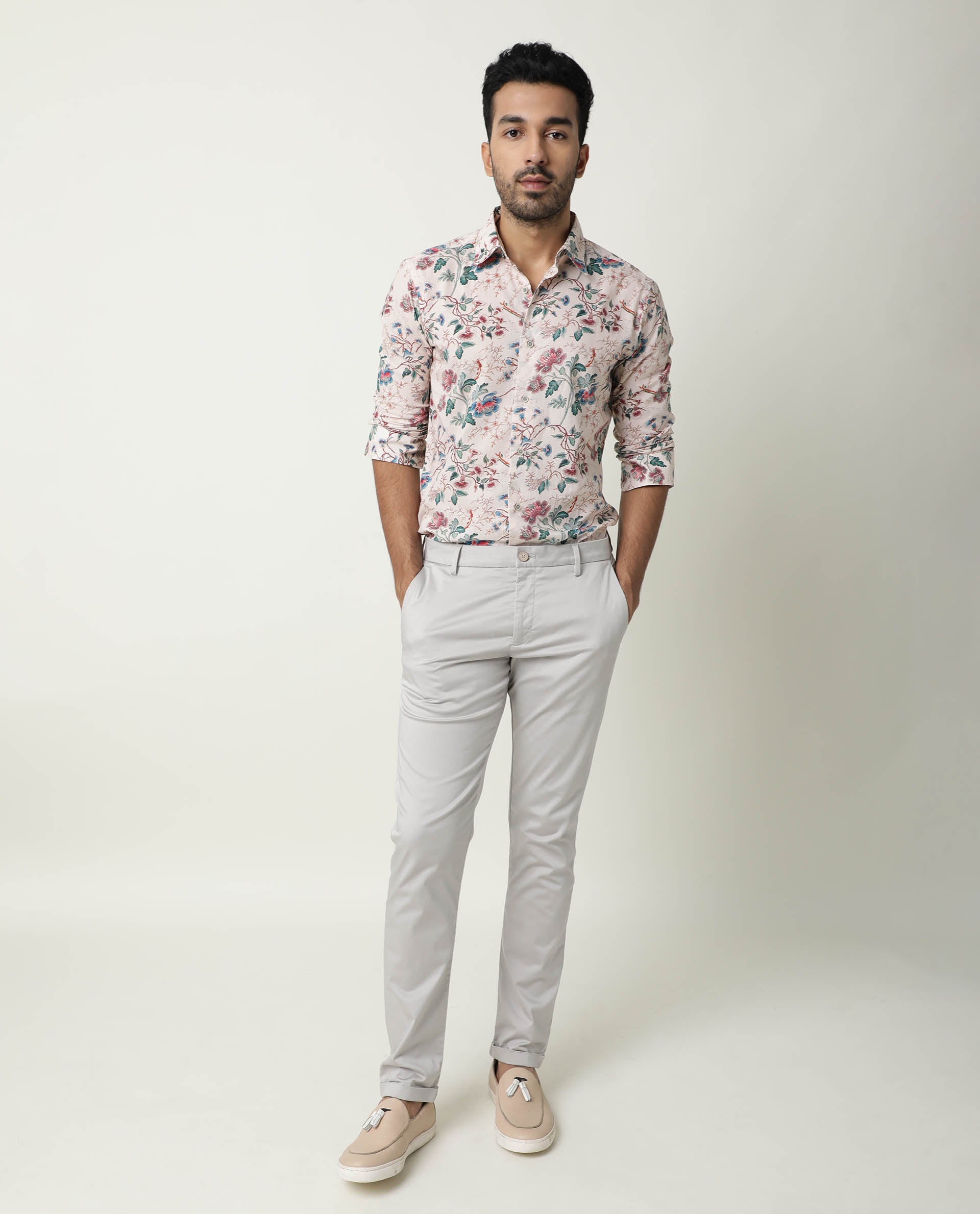 Rare Rabbit Mens Porto Beige Cotton Fabric Collared Neck Full Sleeves Regular Fit Shirt