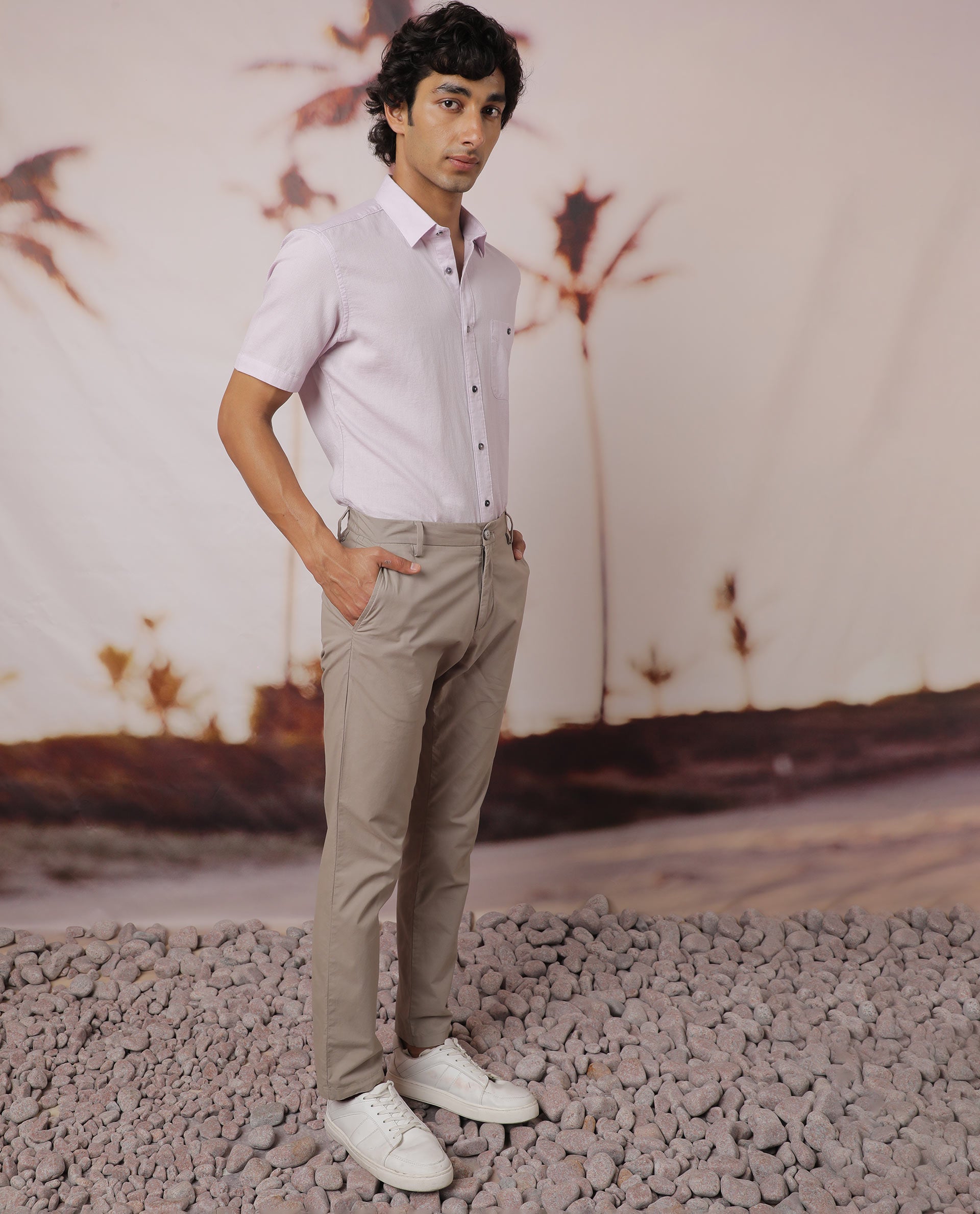 Rare Rabbit Men's Affle Pastel Purple Dobby Fabric Half Sleeves Solid Shirt