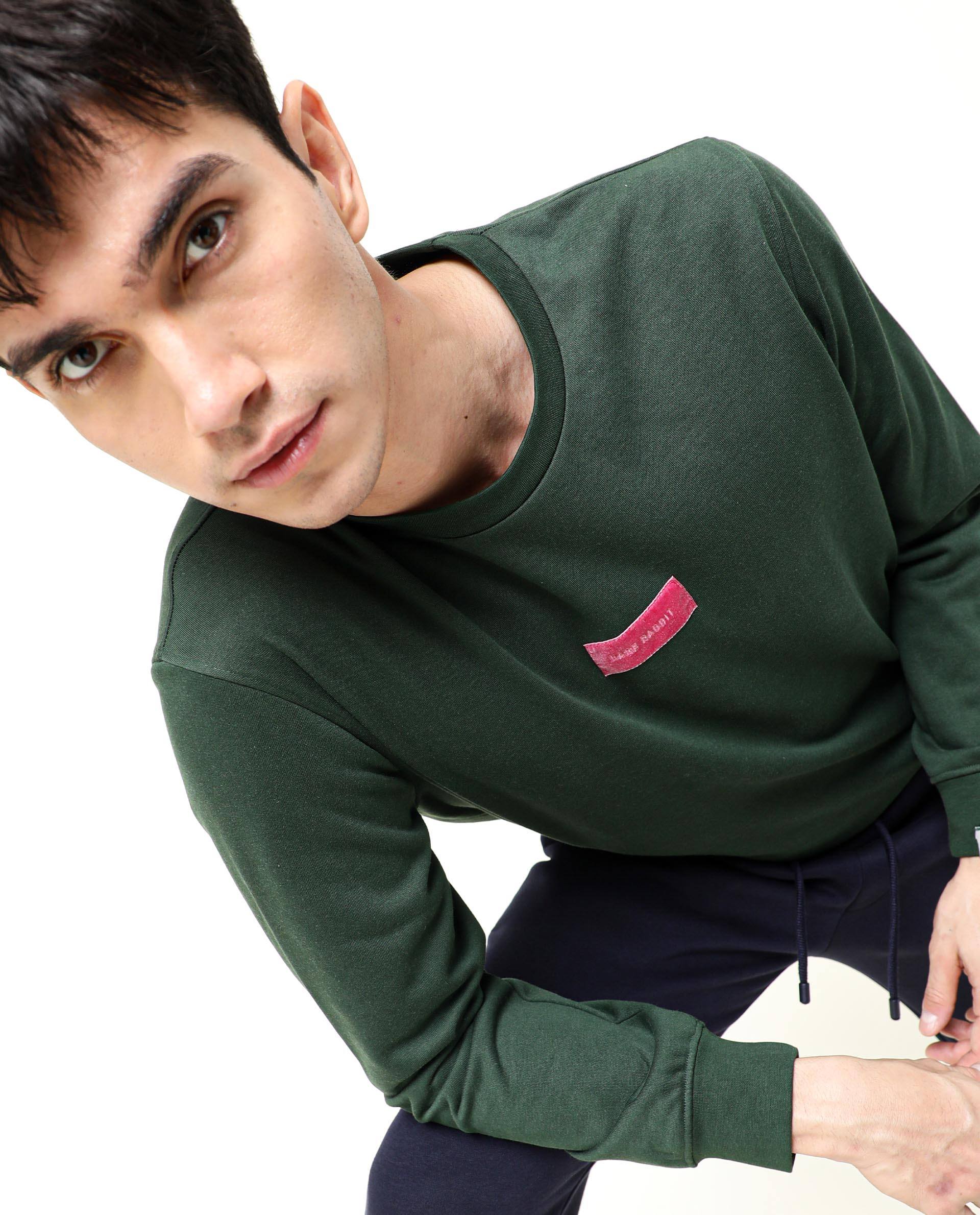 Rare Rabbit Men's Velveto Green Cotton Polyester Fabric Full Sleeves Velvet Branding Knit Sweatshirt