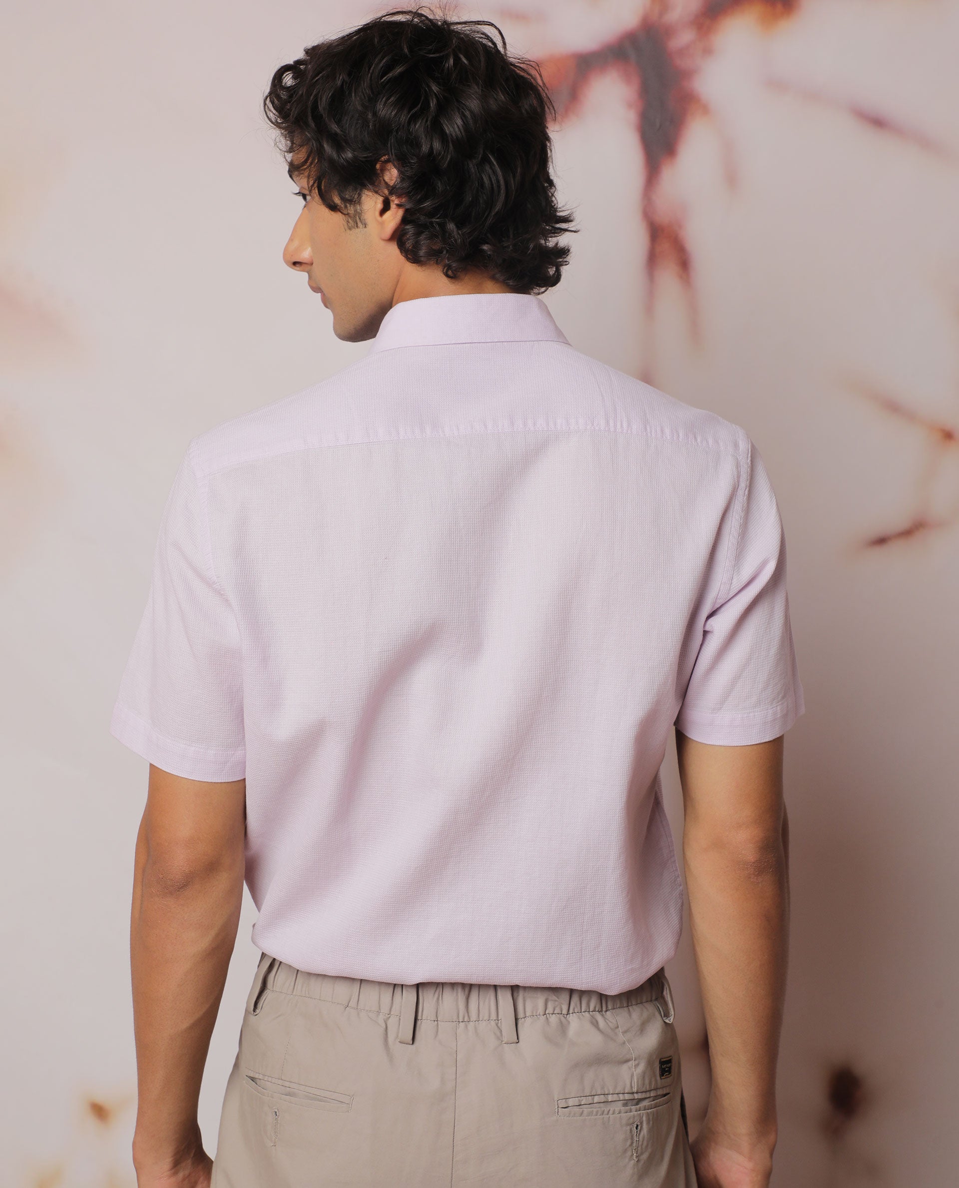 Rare Rabbit Men's Affle Pastel Purple Dobby Fabric Half Sleeves Solid Shirt