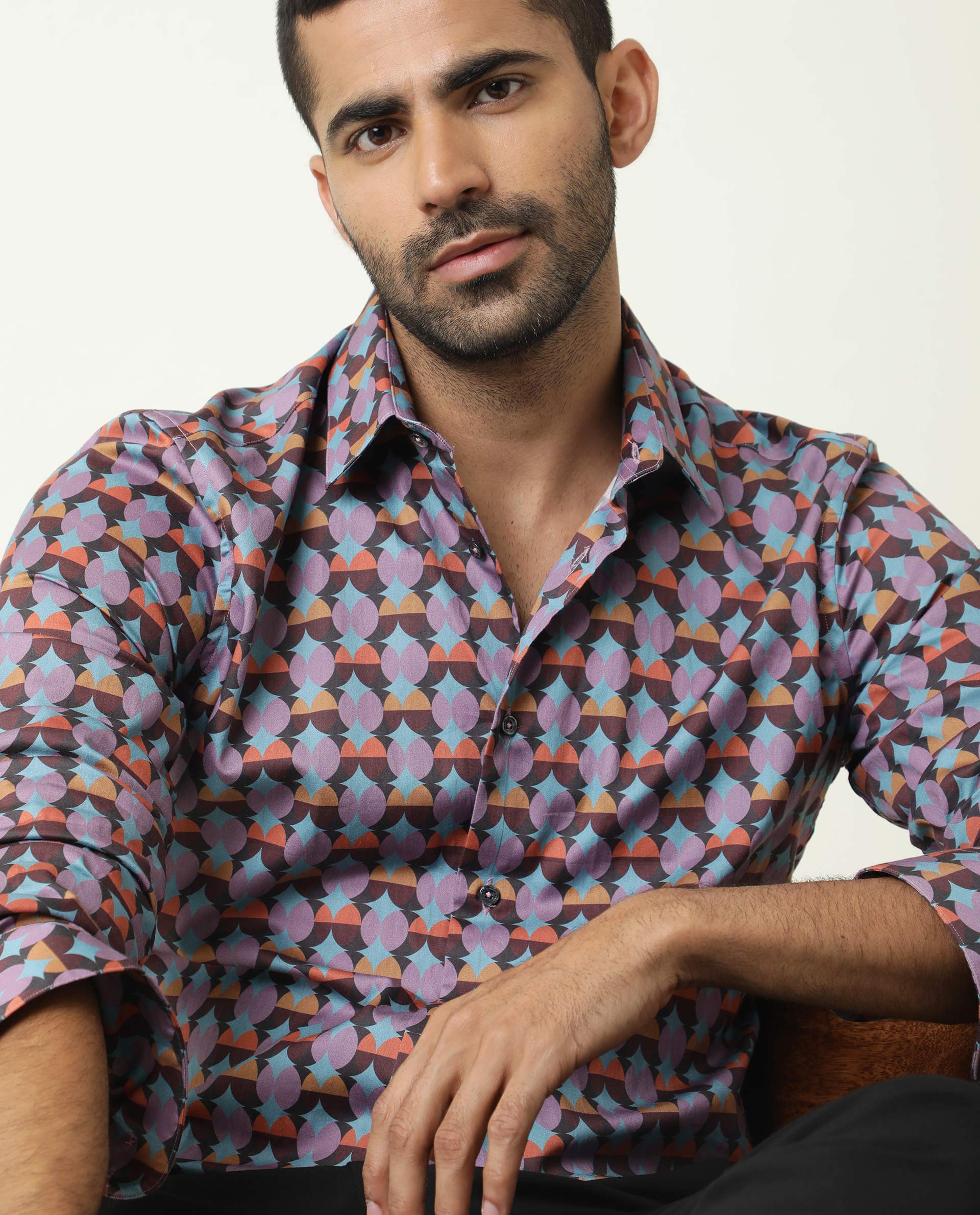 Rare Rabbit Men's Coret Multi Cotton Fabric Geometric Print Full Sleeves Shirt