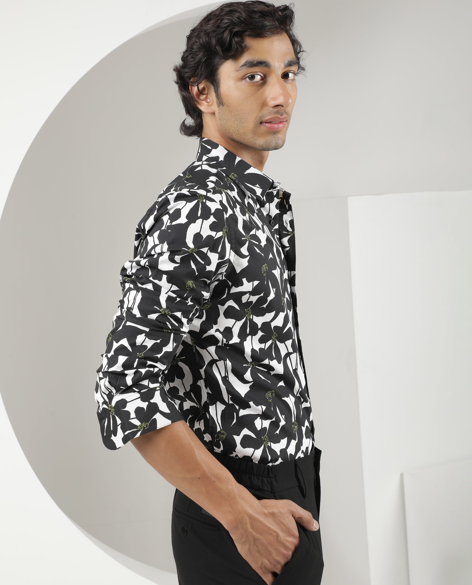 Rare Rabbit Men's Kruela Black Viscose Fabric Floral Print Full Sleeves Shirt