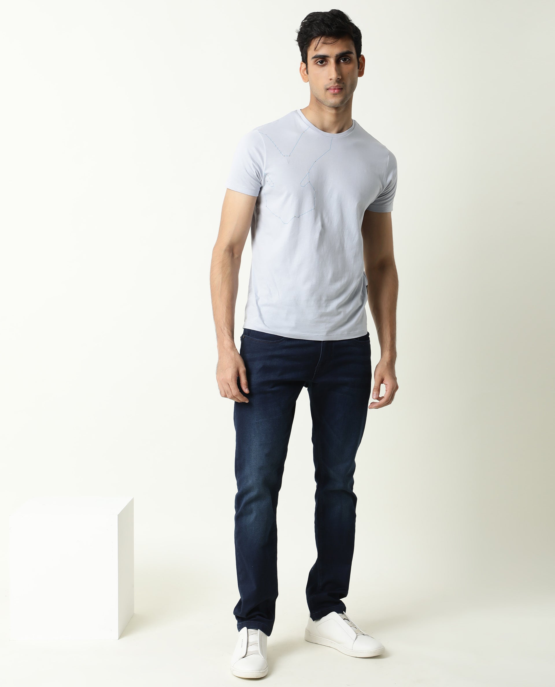 Rare Rabbit Men's Graphs Blue Crew Neck Slim Fit Graphic Printed T-Shirt