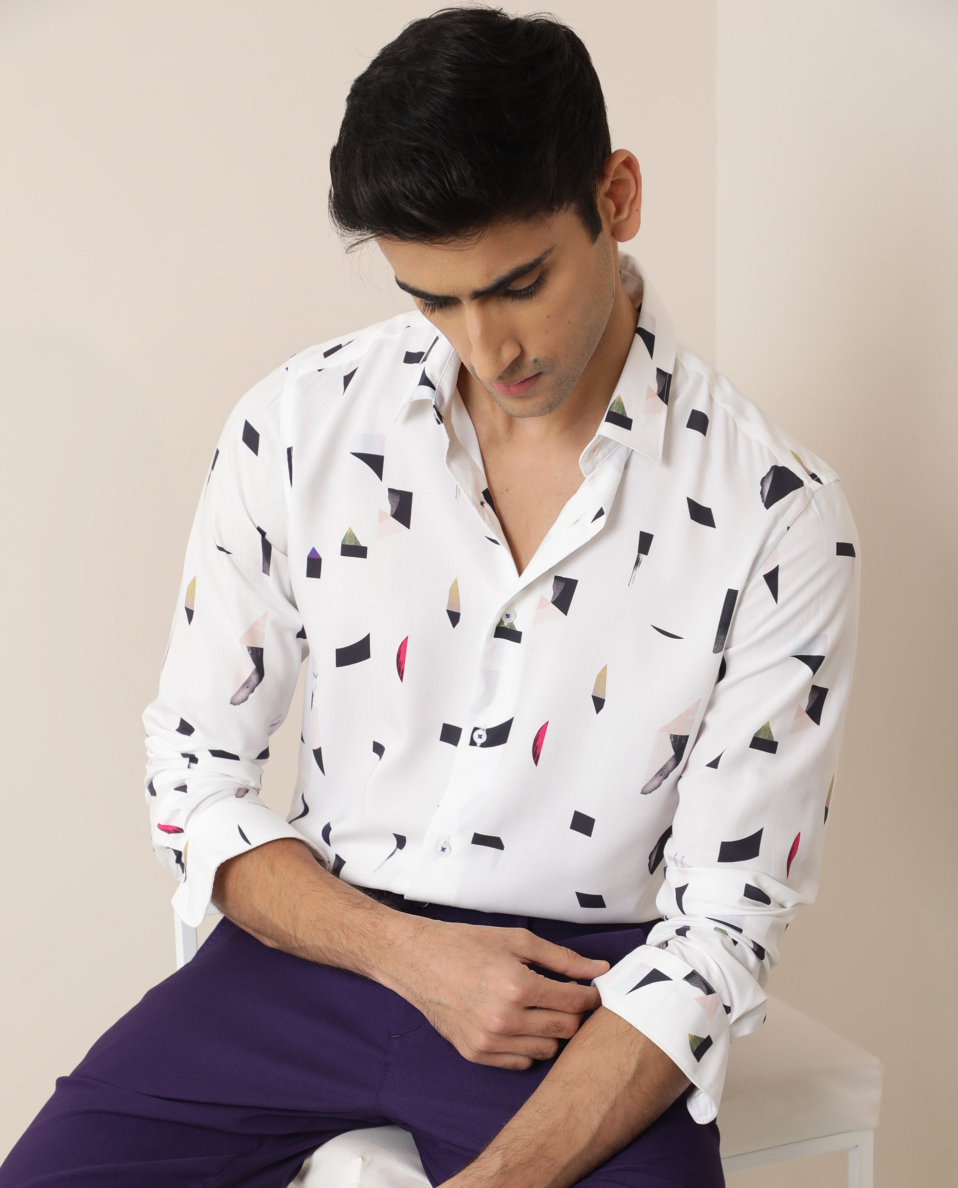 Rare Rabbit Men's Wedge White Cotton Fabric Abstract Print Full Sleeves Shirt