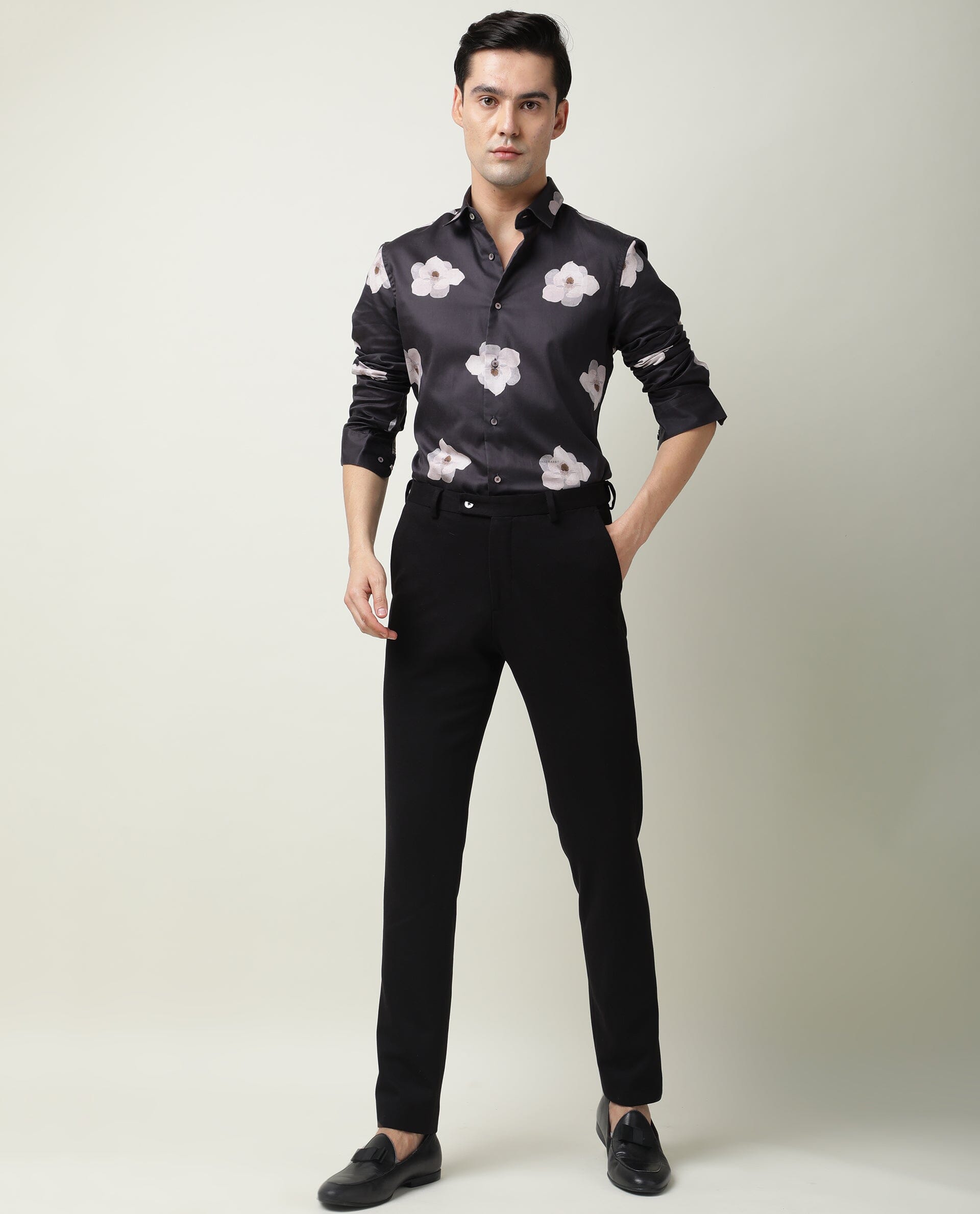 Rare Rabbit Men's Damos Black Cotton Modal Fabric Floral Print Full Sleeves Shirt