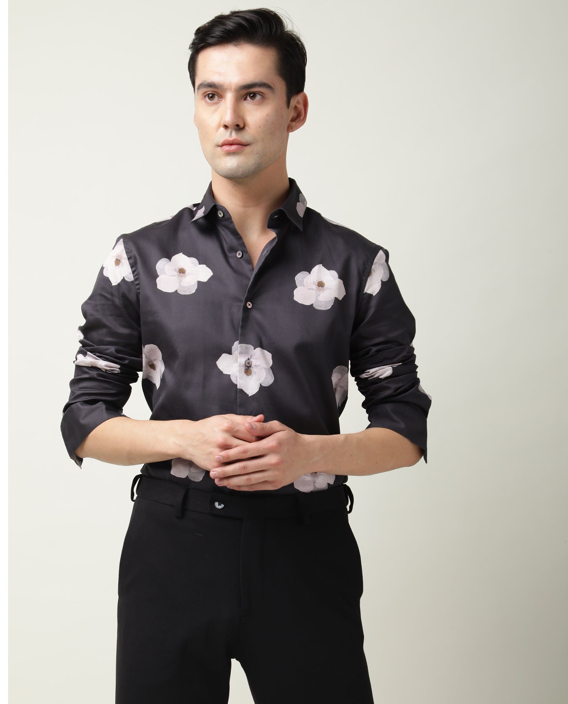 Rare Rabbit Men's Damos Black Cotton Modal Fabric Floral Print Full Sleeves Shirt