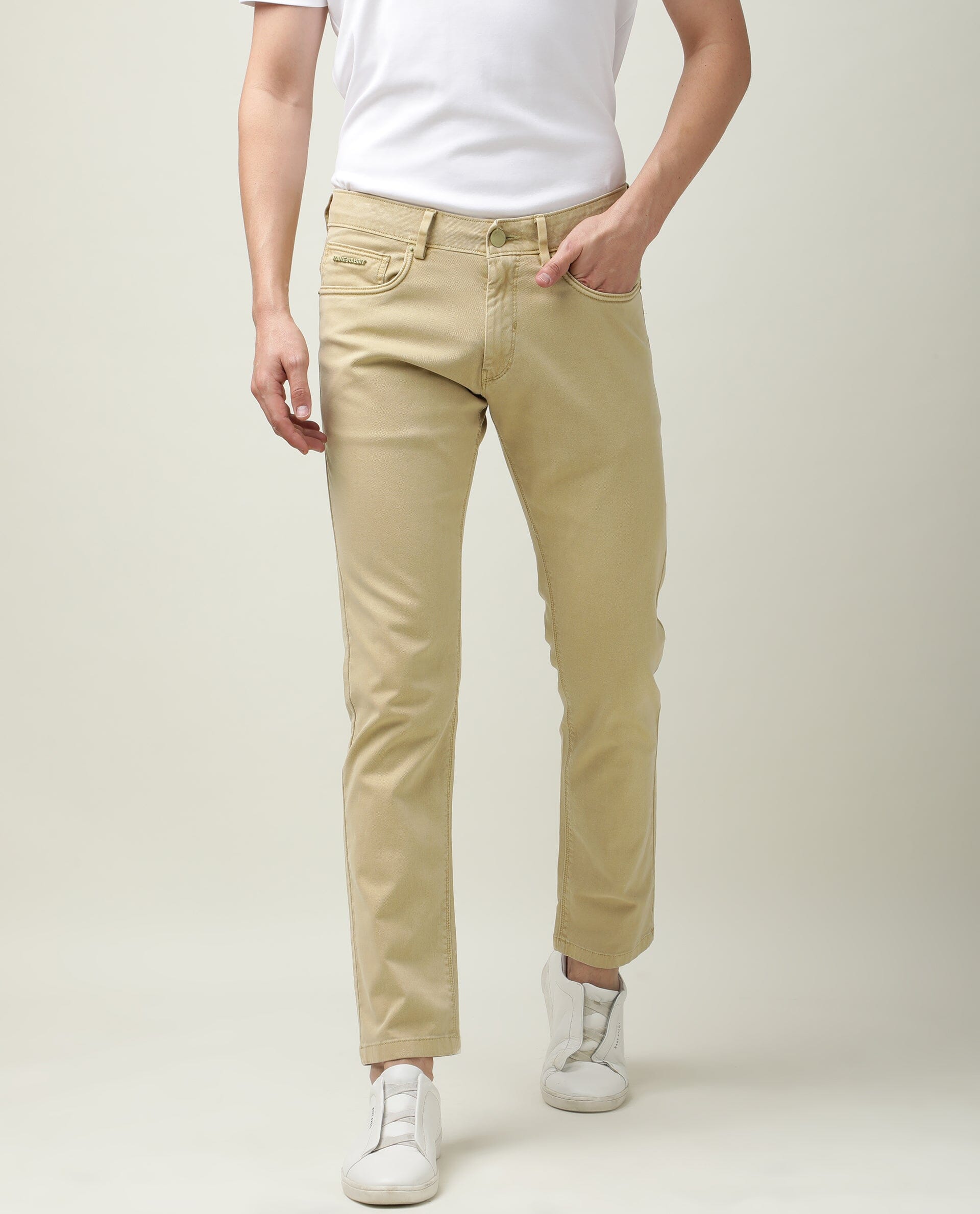 Rare Rabbit Men's Fiv5 Green Solid Mid-Rise Slim Fit Trouser