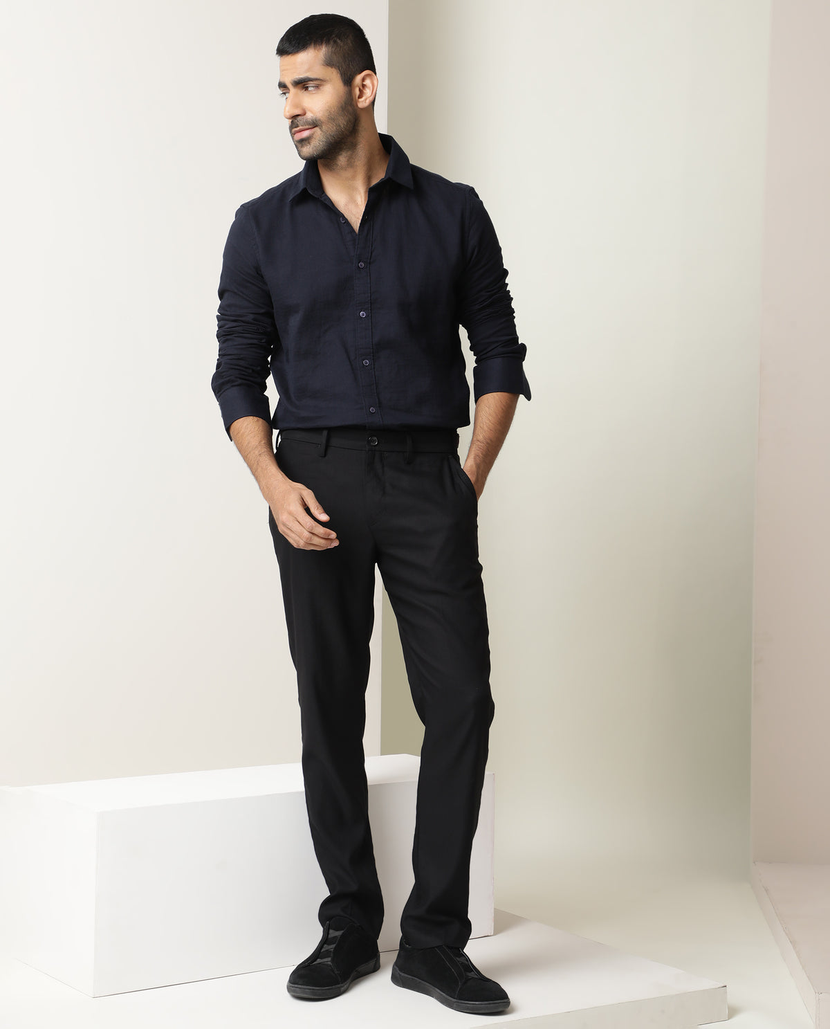 Rare Rabbit Men's Layerr Dark Navy Cotton Fabric Full Sleeves Solid Shirt