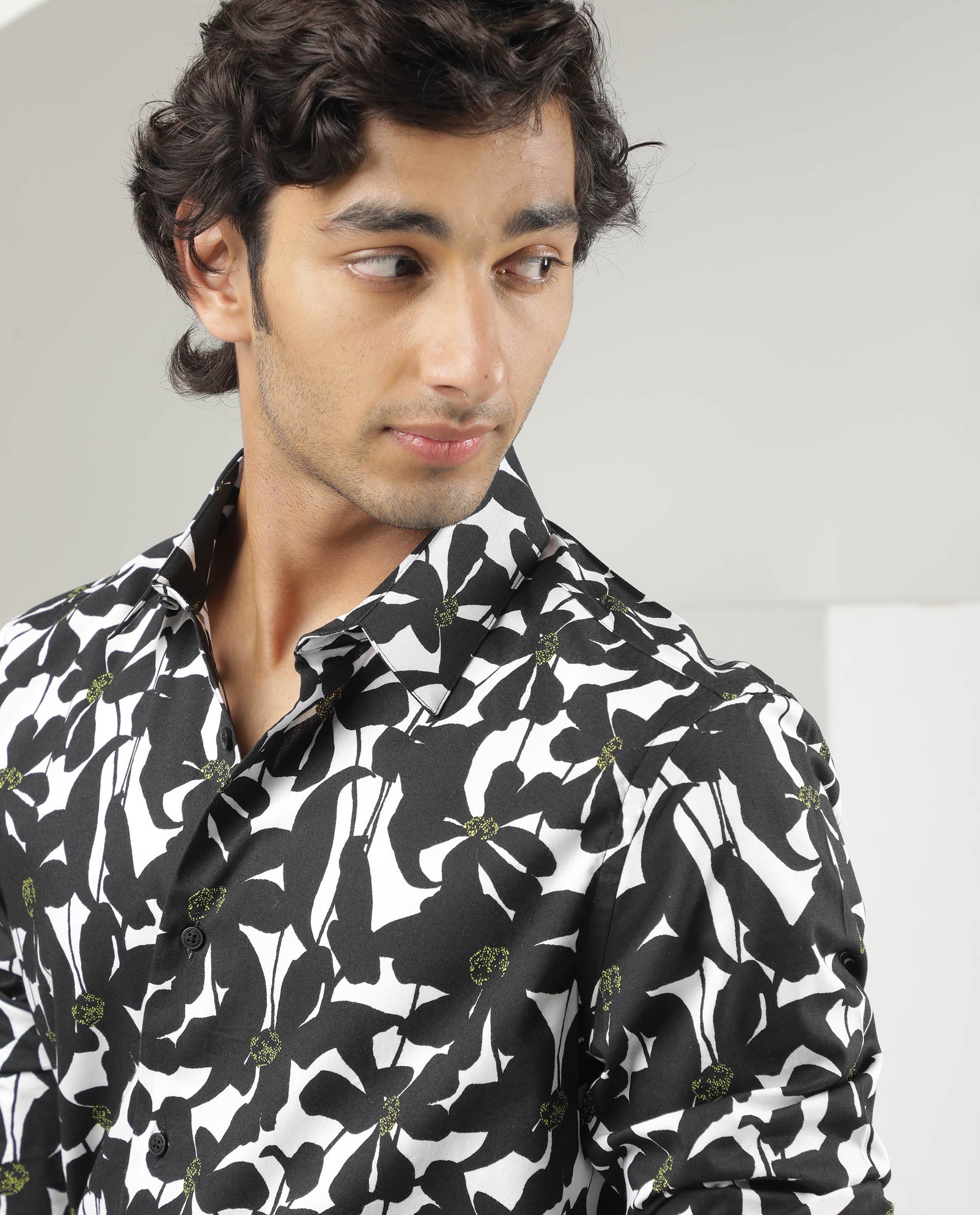 Rare Rabbit Men's Kruela Black Viscose Fabric Floral Print Full Sleeves Shirt