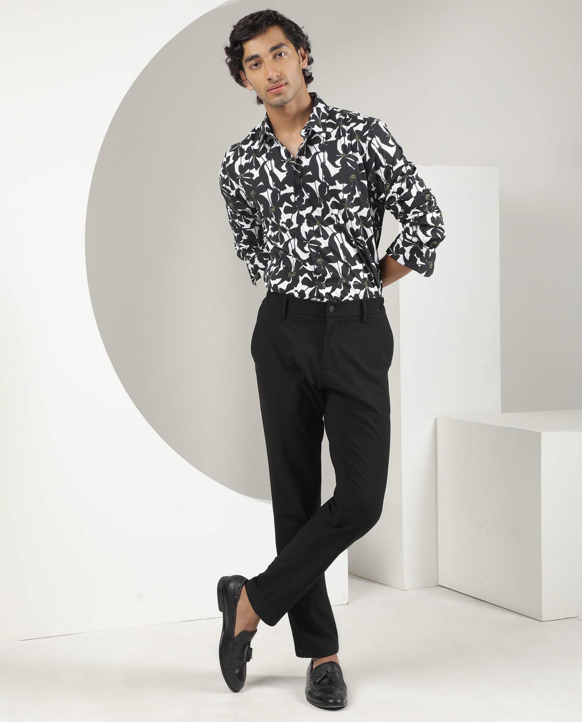 Rare Rabbit Men's Kruela Black Viscose Fabric Floral Print Full Sleeves Shirt