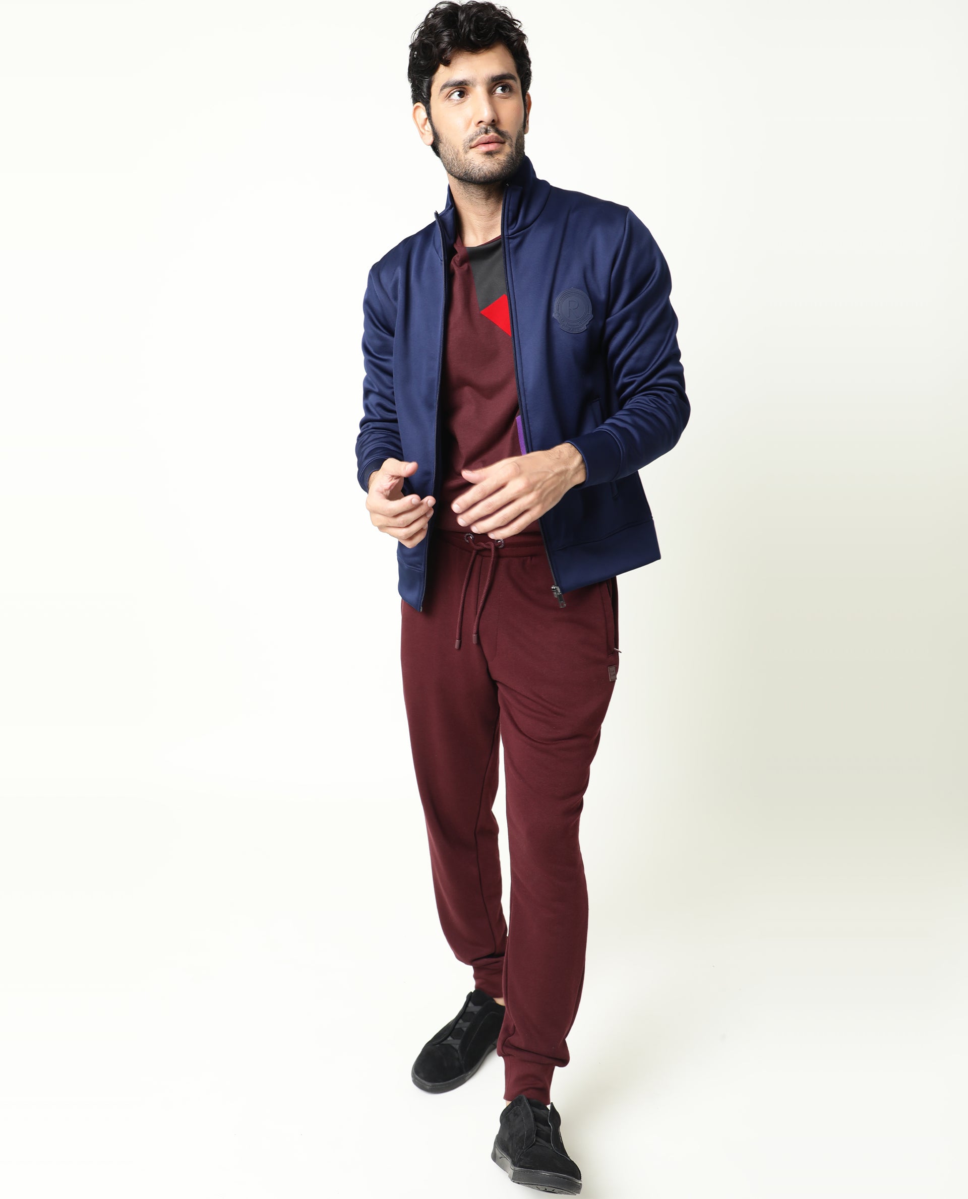 Rare Rabbit Men's Bond Dark Blue High Neck Chest Branded Jacket