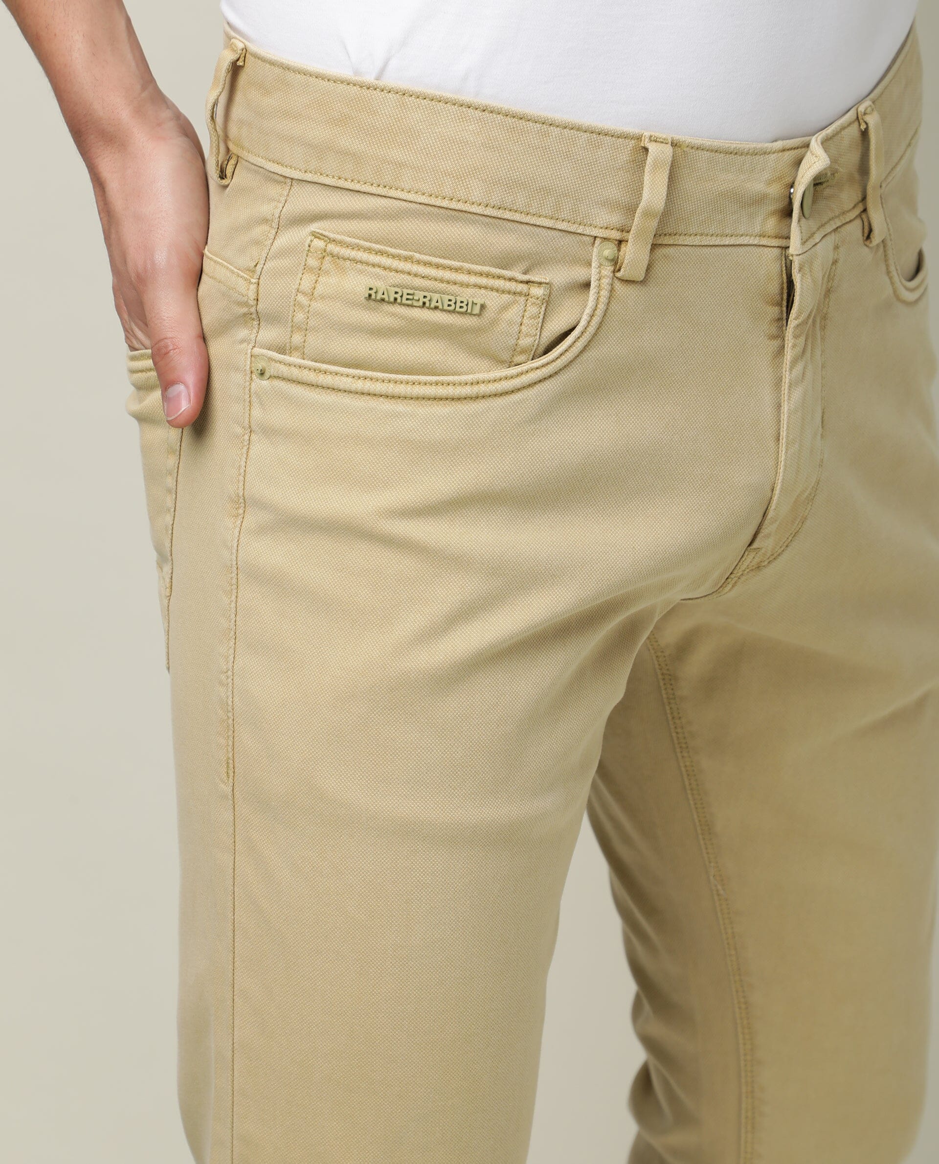 Rare Rabbit Men's Fiv5 Green Solid Mid-Rise Slim Fit Trouser