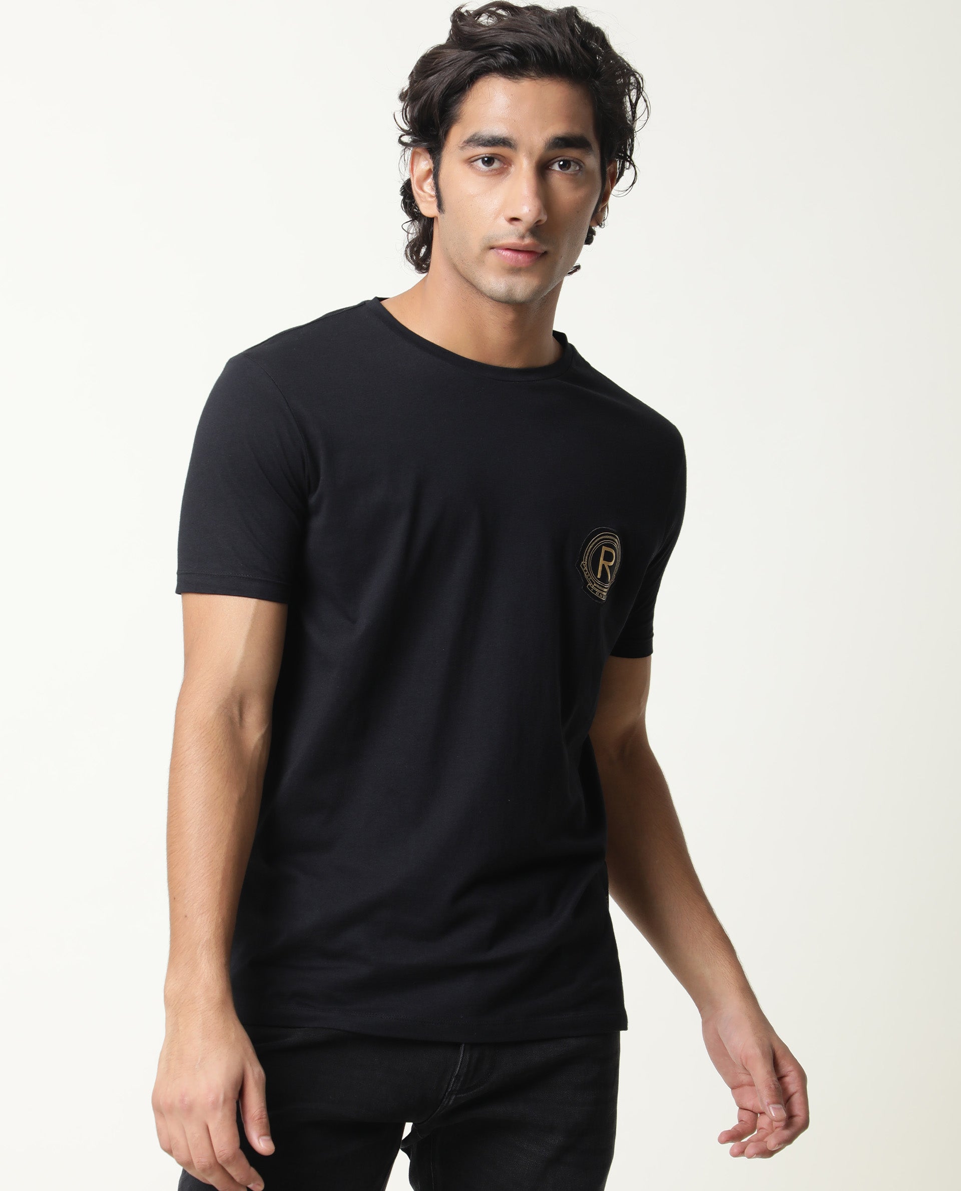 Rare Rabbit Hugo Black Crew Neck Chest Logo Branding Half Sleeves Round Neck Slim Fit T-Shirt