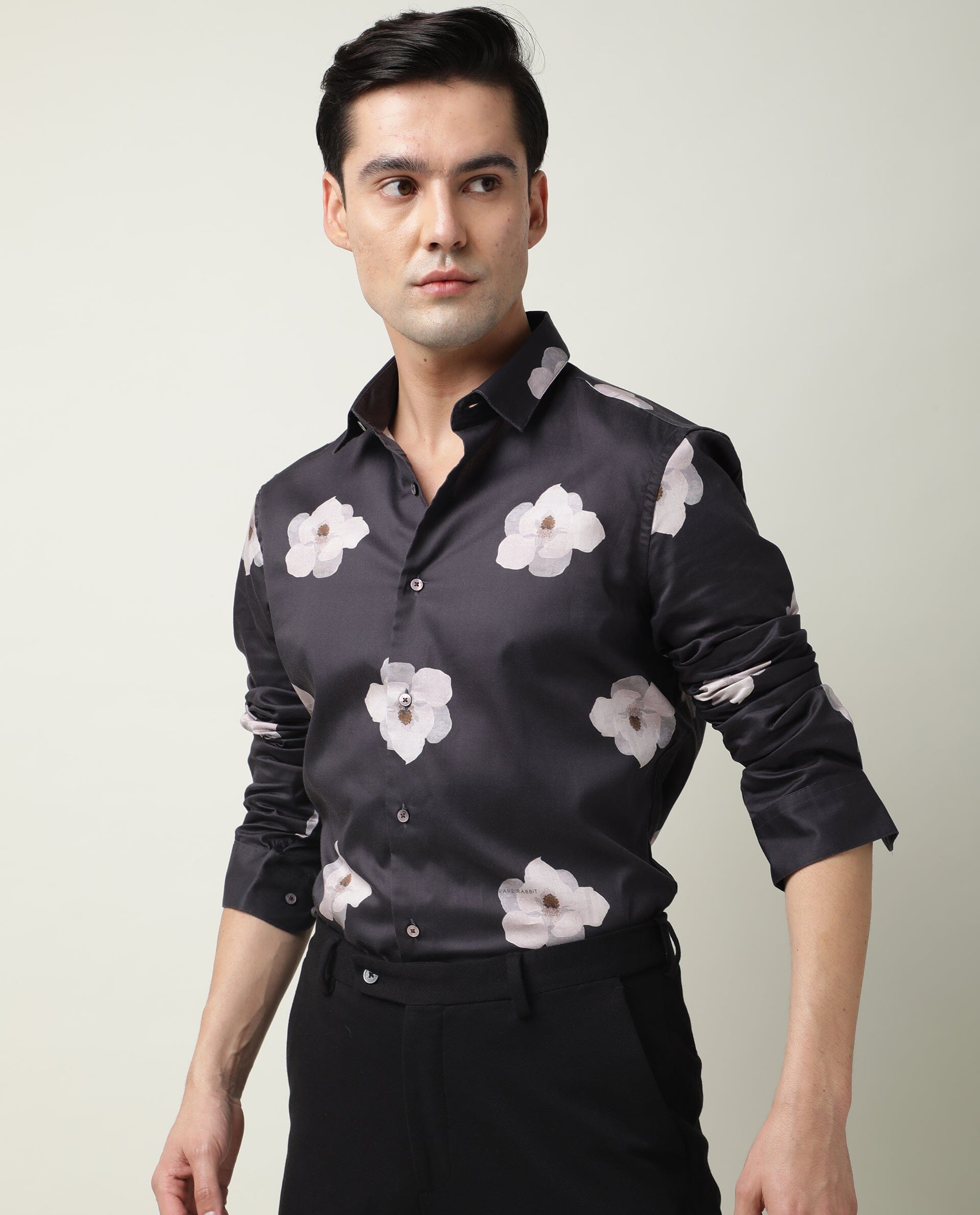 Rare Rabbit Men's Damos Black Cotton Modal Fabric Floral Print Full Sleeves Shirt