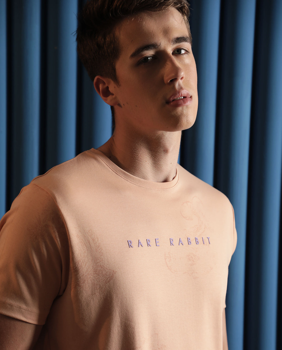 Rare Rabbit Men's Delic Peach Cotton Lycra Fabric Crew Neck Half Sleeves Regular Fit Paisley Placement Print T-Shirt