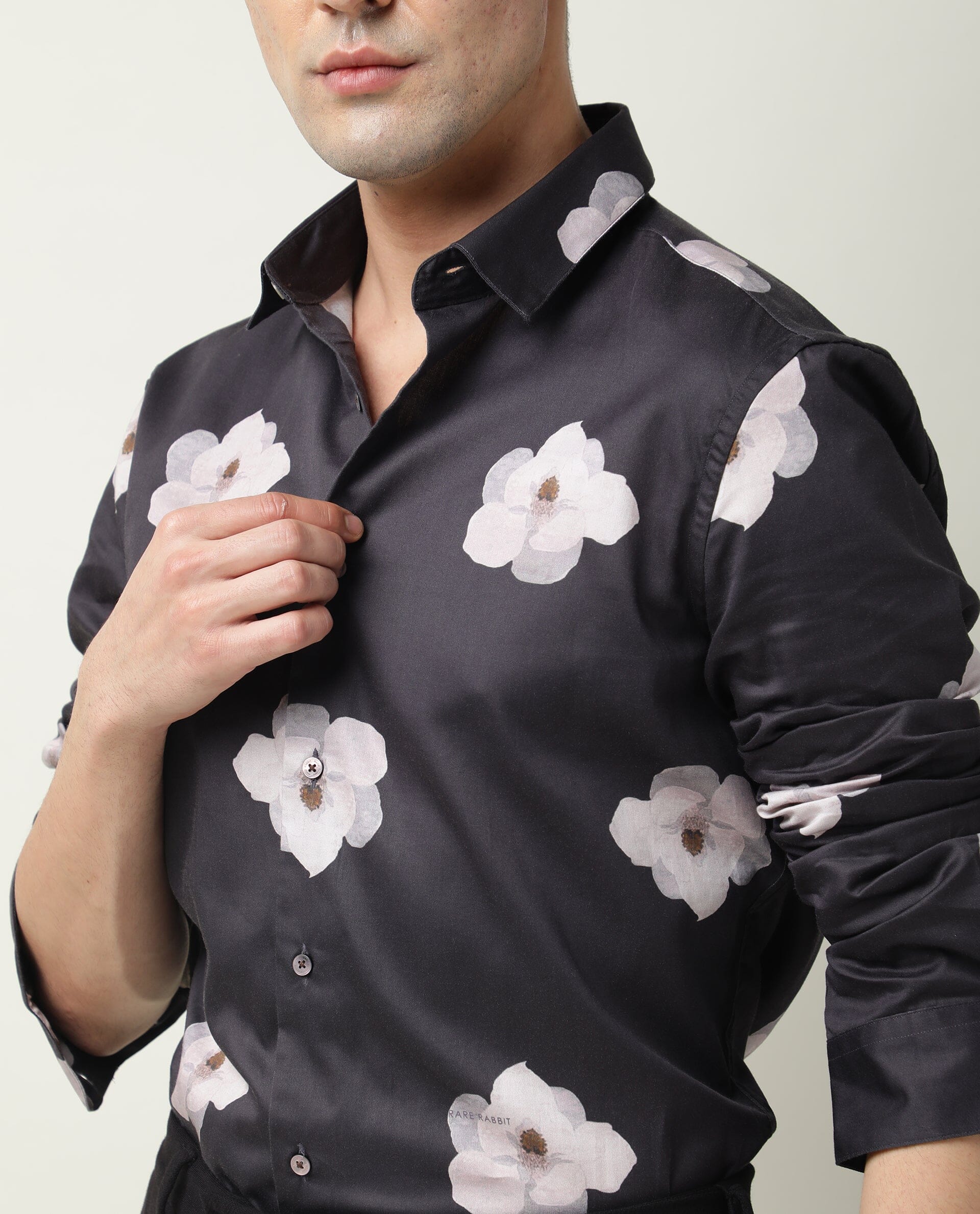 Rare Rabbit Men's Damos Black Cotton Modal Fabric Floral Print Full Sleeves Shirt