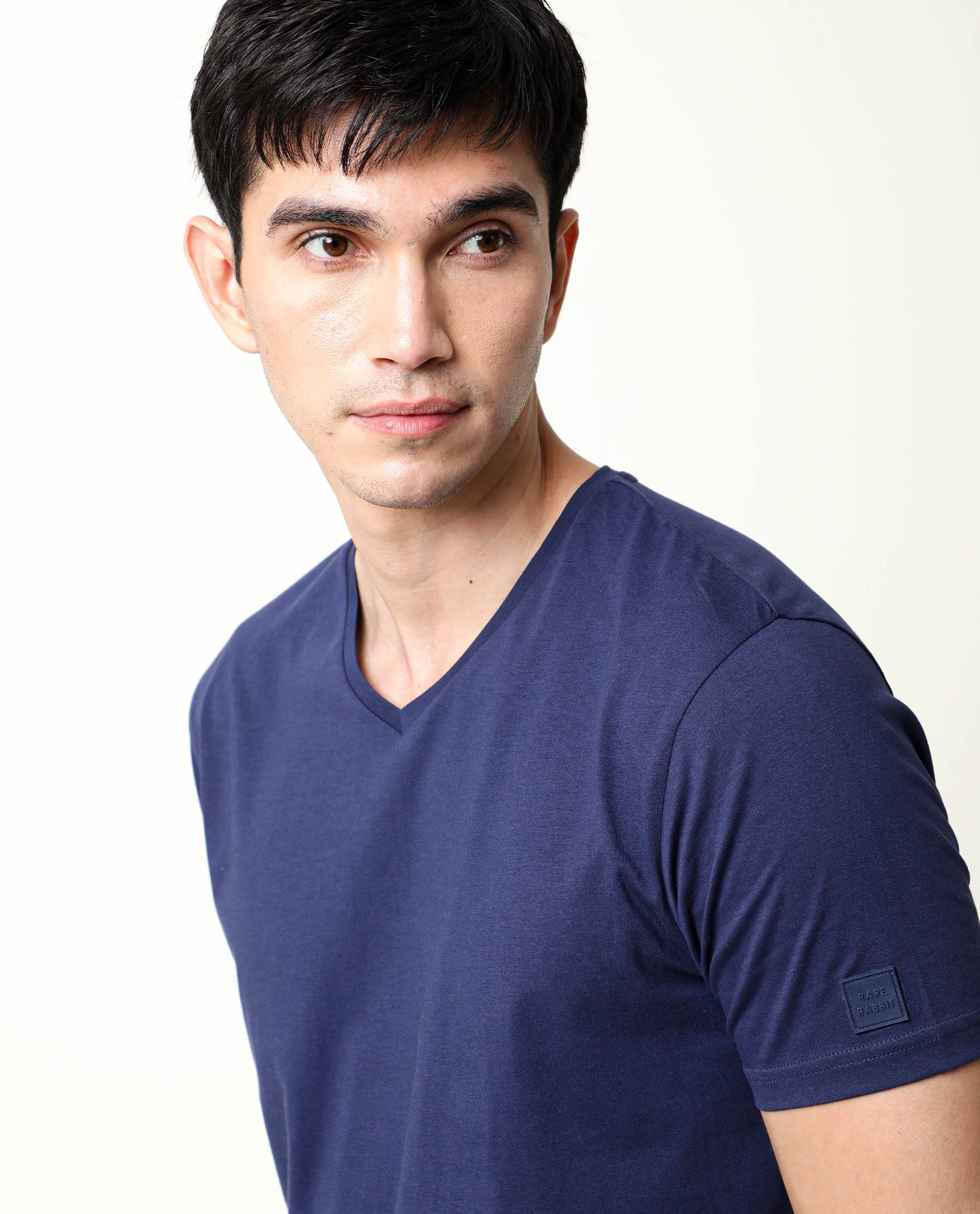 Rare Rabbit Men's Entre-2 Navy Cotton Fabric V-Neck Half Sleeves Regular Fit Solid T-Shirt