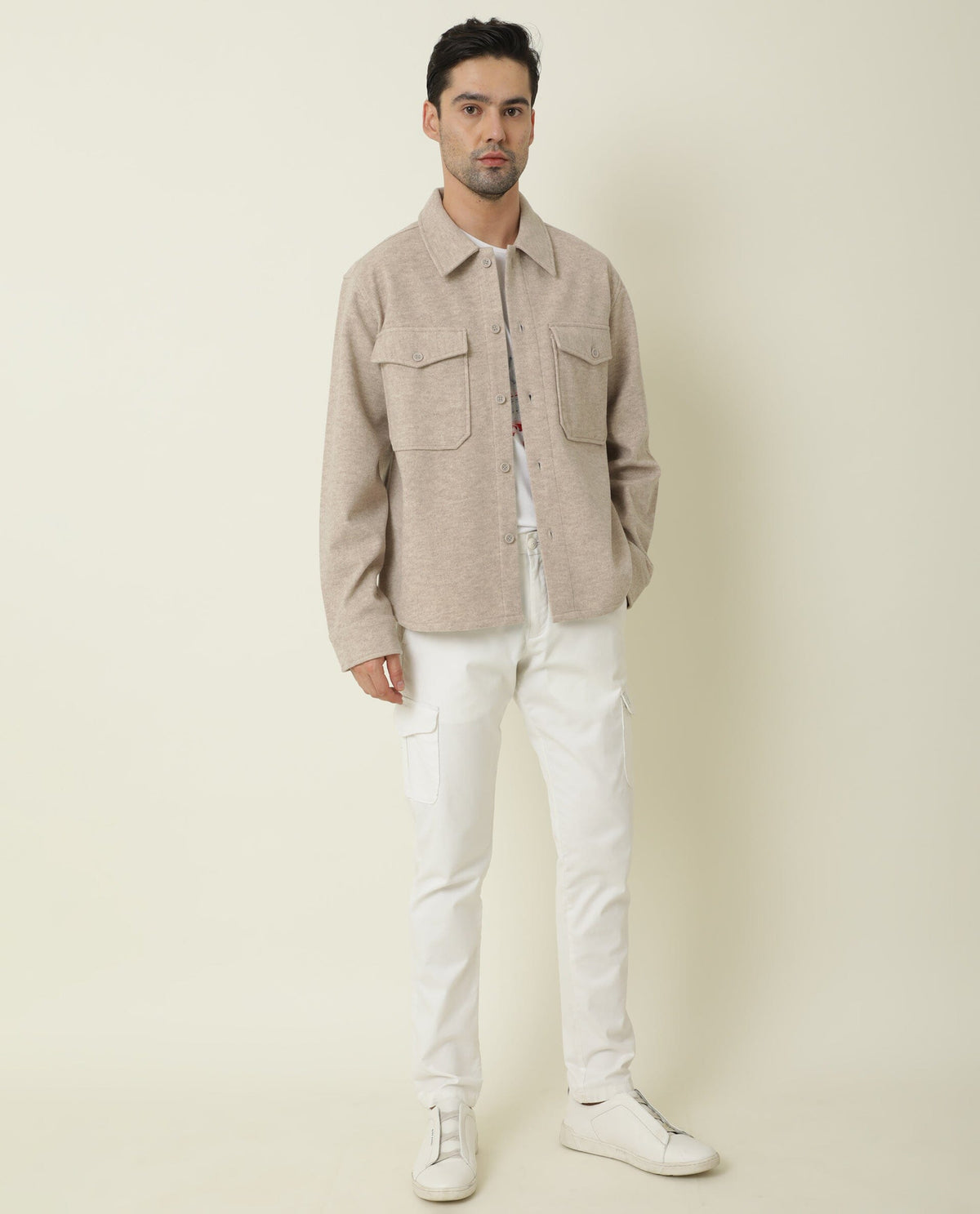 RARE RABBIT MEN'S SHACK BEIGE JACKET POLYESTER FABRIC COLLARED NECK FULL SLEEVES BUTTON CLOSURE SLIM FIT
