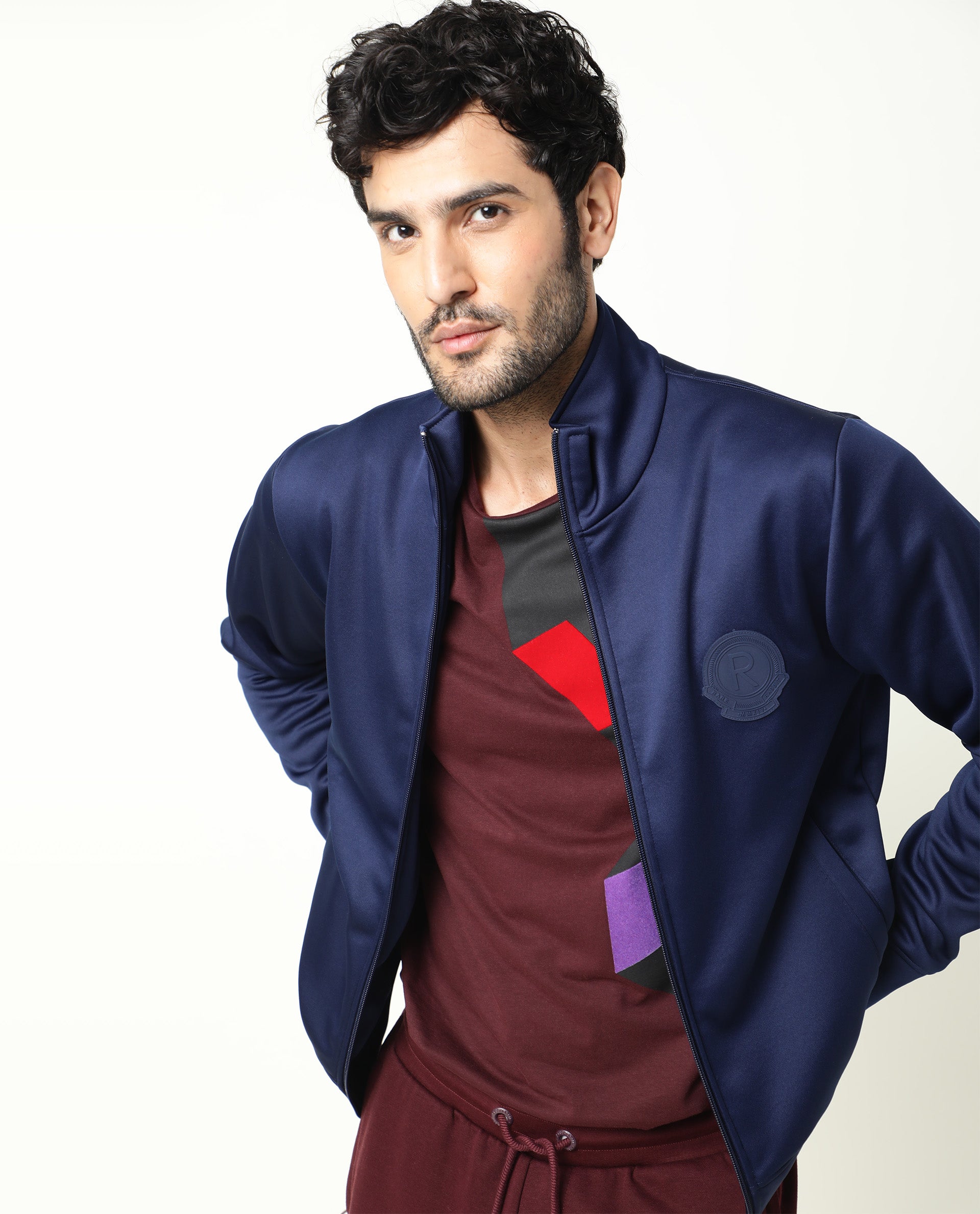 Rare Rabbit Men's Bond Dark Blue High Neck Chest Branded Jacket