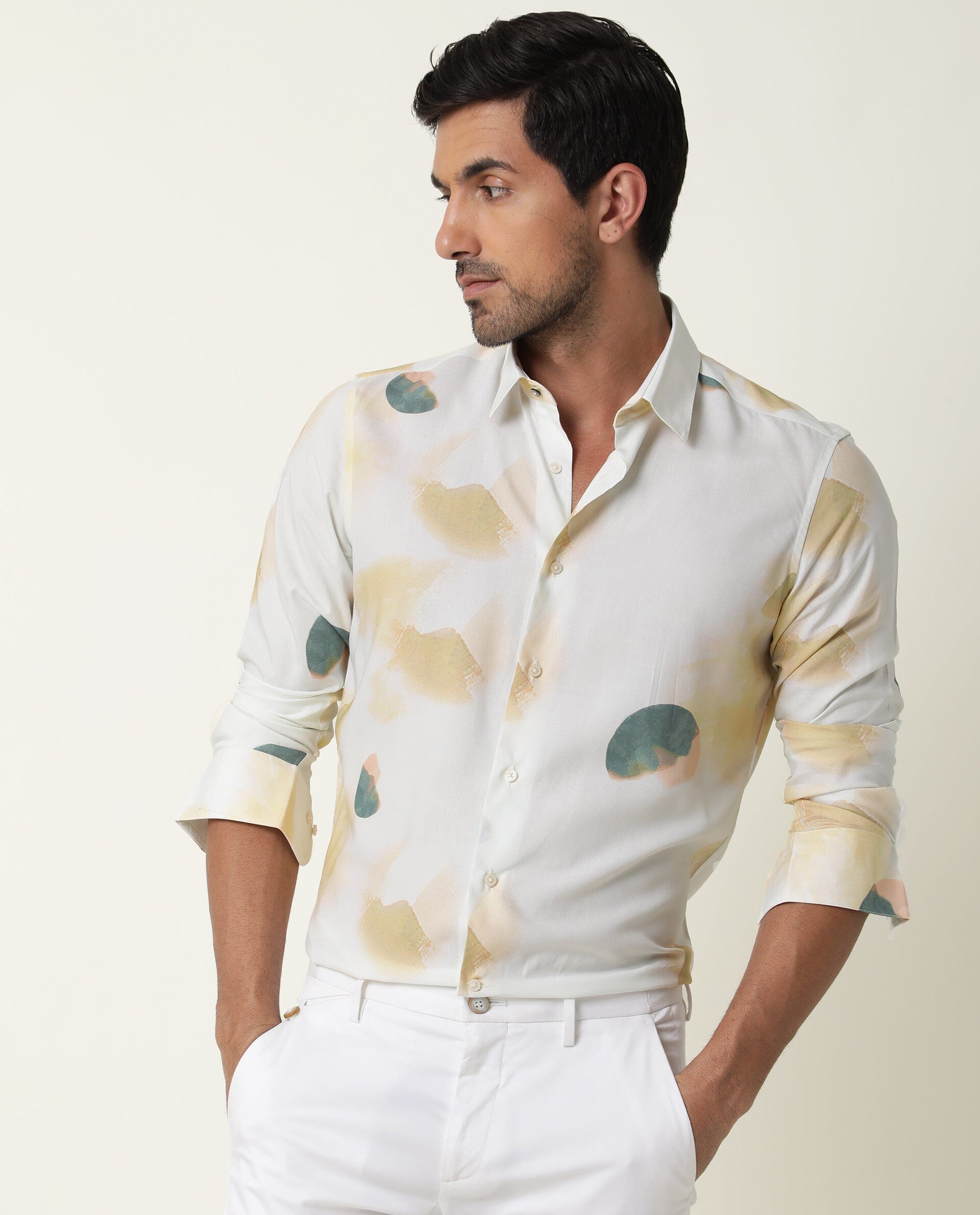 Rare Rabbit Men's Cedar Green Viscose Fabric Abstract Print Full Sleeves Shirt