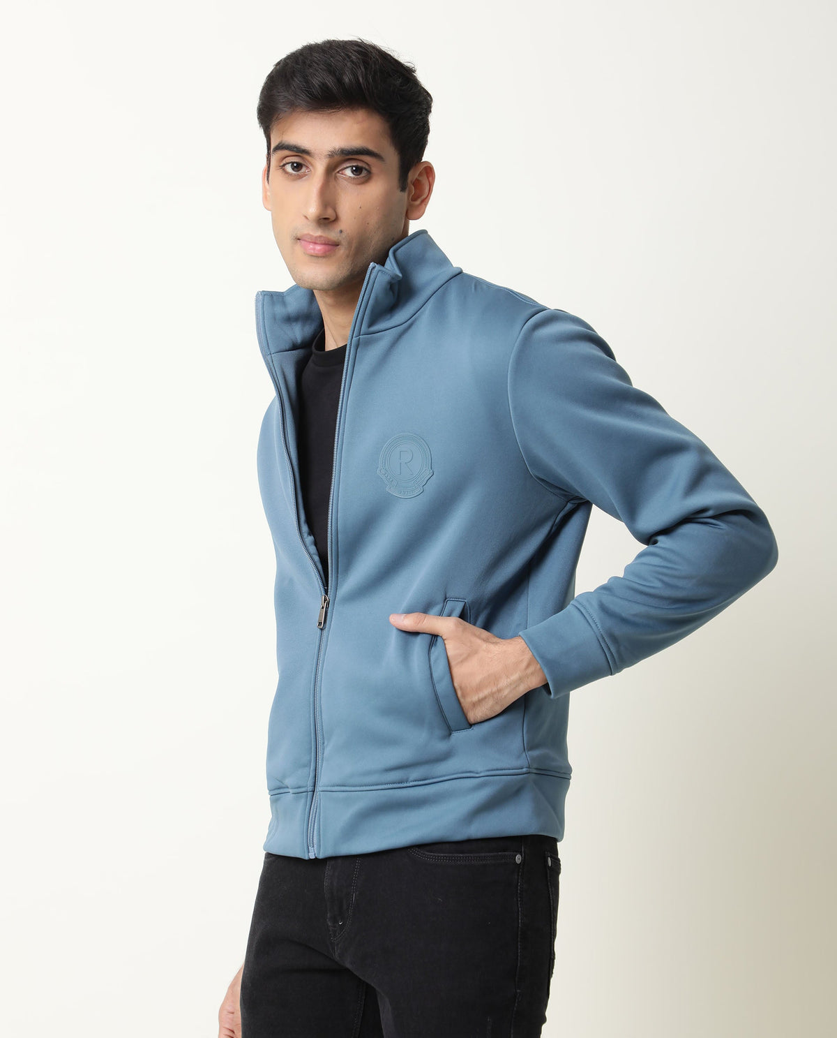 Rare Rabbit Mens Bond Blue Jacket Polyester Fabric Slim Fit Collar Collar Full Sleeve