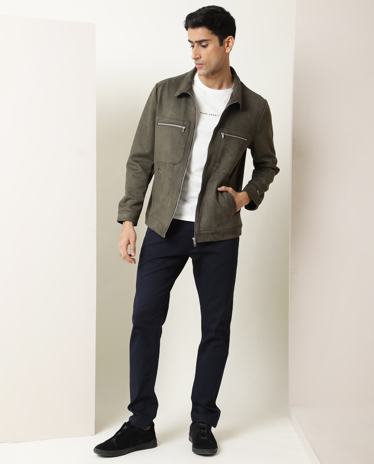 RARE RABBIT MEN'S BAX OLIVE JACKET POLYESTER FABRIC COLLARED NECK FULL SLEEVES ZIPPER CLOSURE