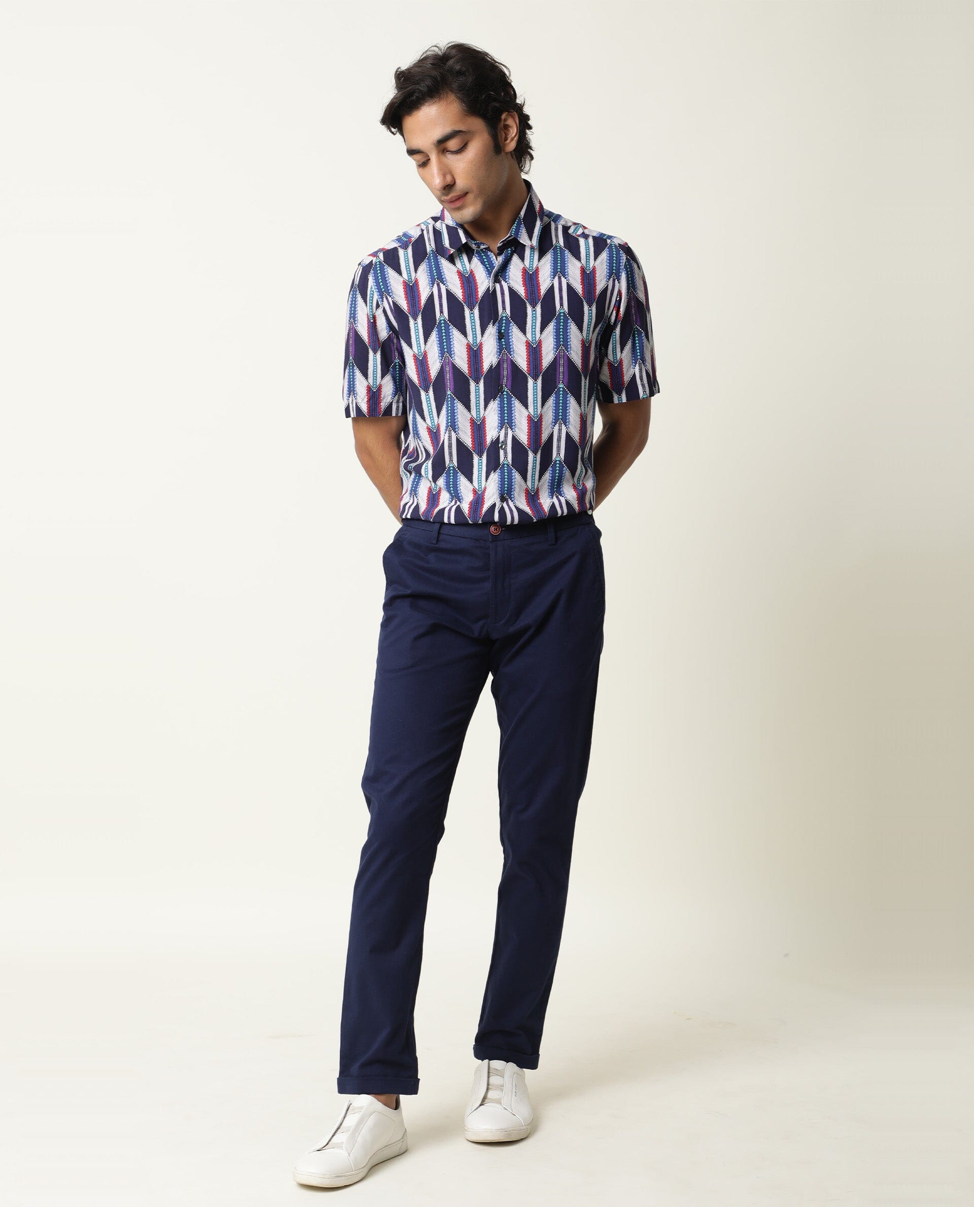 RARE RABBIT MENS CATO NAVY SHIRT VISCOSE FABRIC SLIM FIT COLLAR COLLAR Half Sleeve
