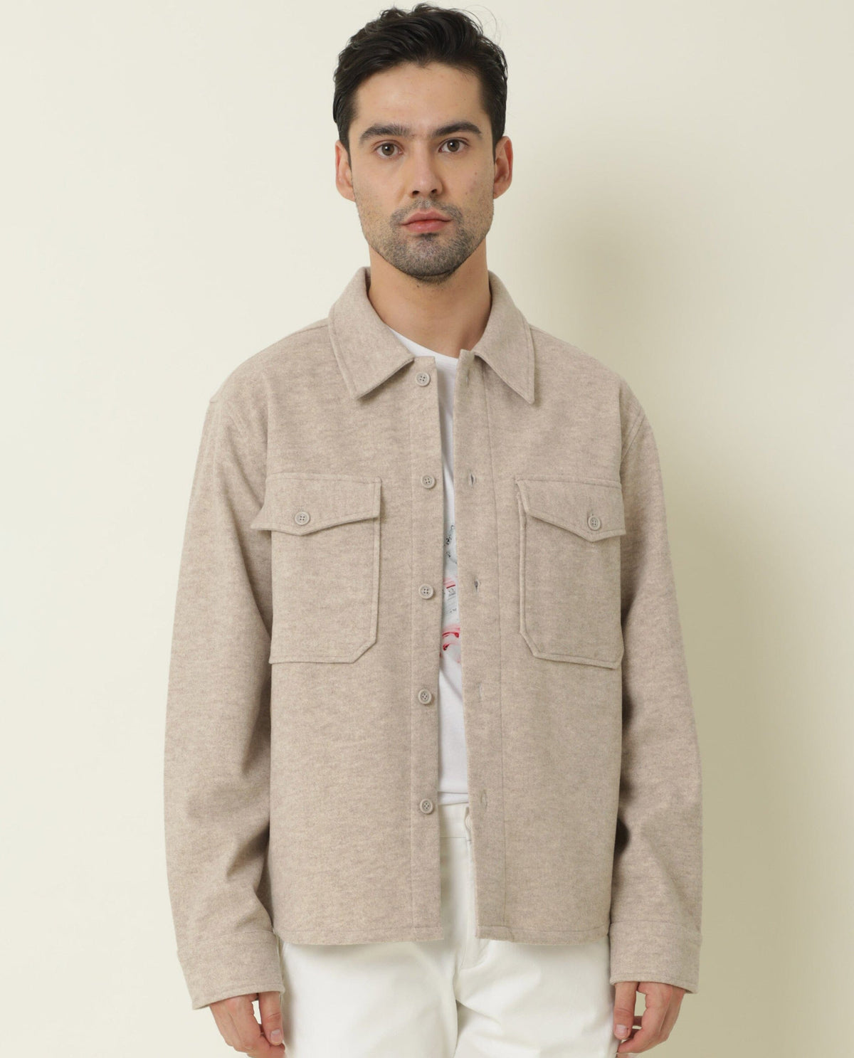 RARE RABBIT MEN'S SHACK BEIGE JACKET POLYESTER FABRIC COLLARED NECK FULL SLEEVES BUTTON CLOSURE SLIM FIT