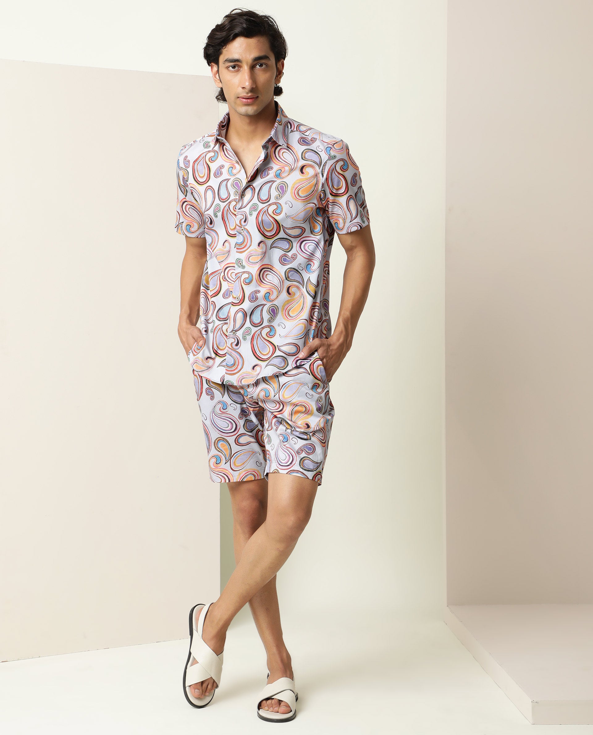 RARE RABBIT MEN'S CADIZ MULTI SHIRT COTTON FABRIC COLLARED NECK HALF SLEEVES BUTTON CLOSURE