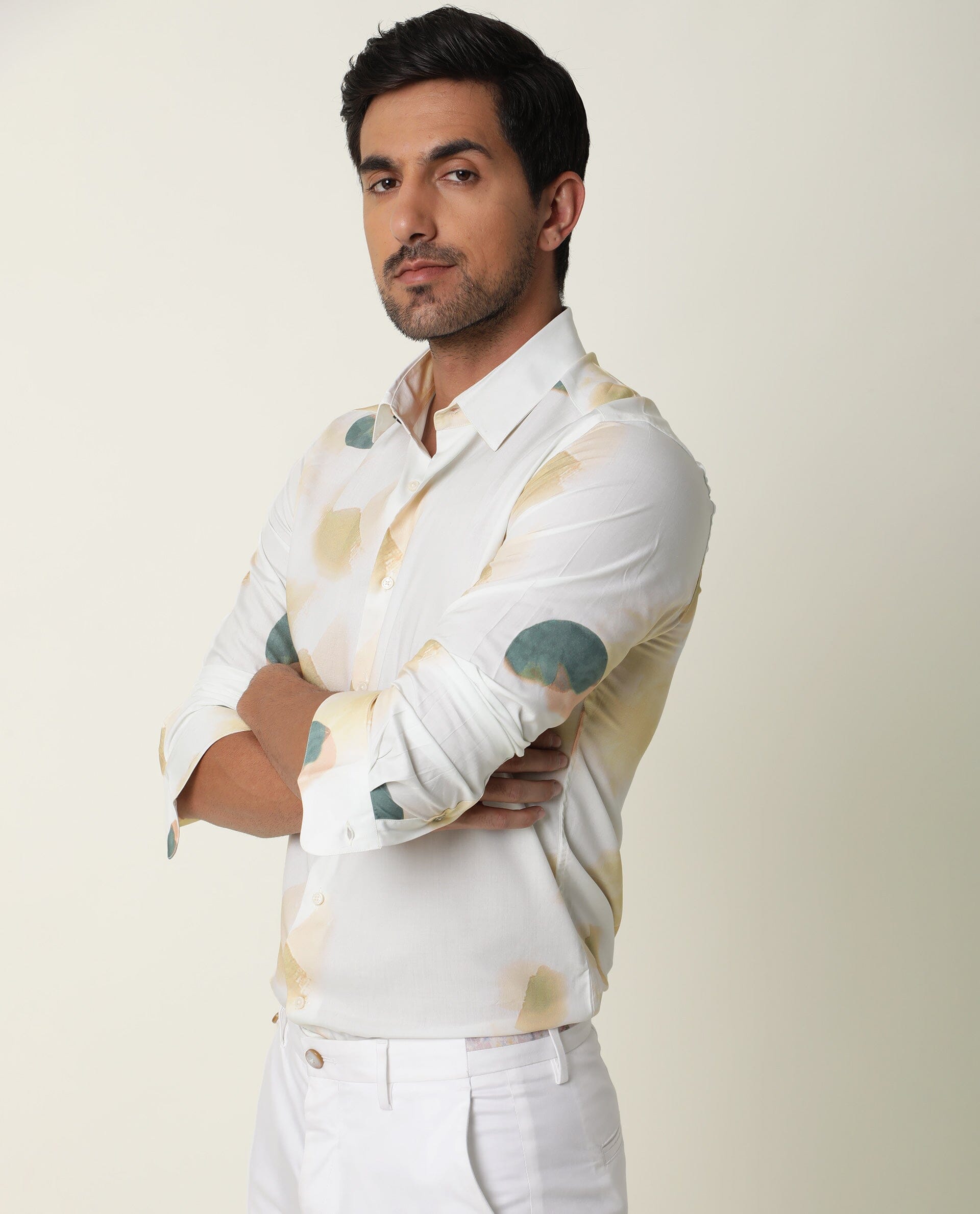 Rare Rabbit Men's Cedar Green Viscose Fabric Abstract Print Full Sleeves Shirt