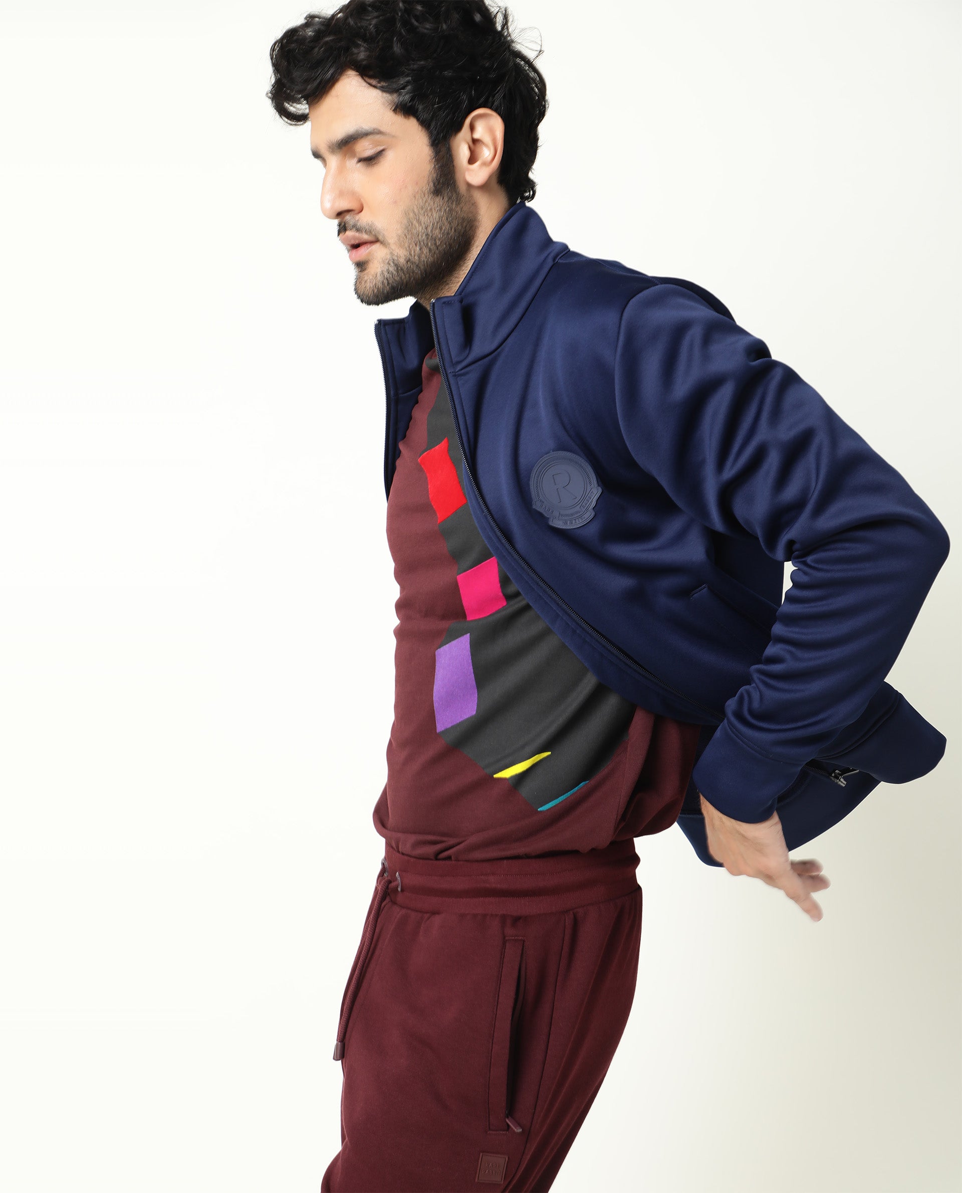 Rare Rabbit Men's Bond Dark Blue High Neck Chest Branded Jacket