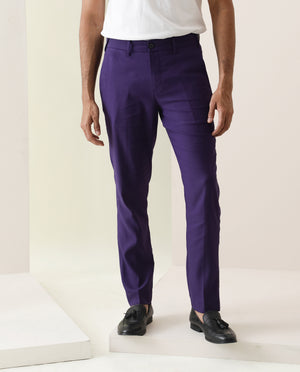 Rare Rabbit Men's Glade Purple Viscose Fabric Solid Mid-Rise Regular Fit Trouser