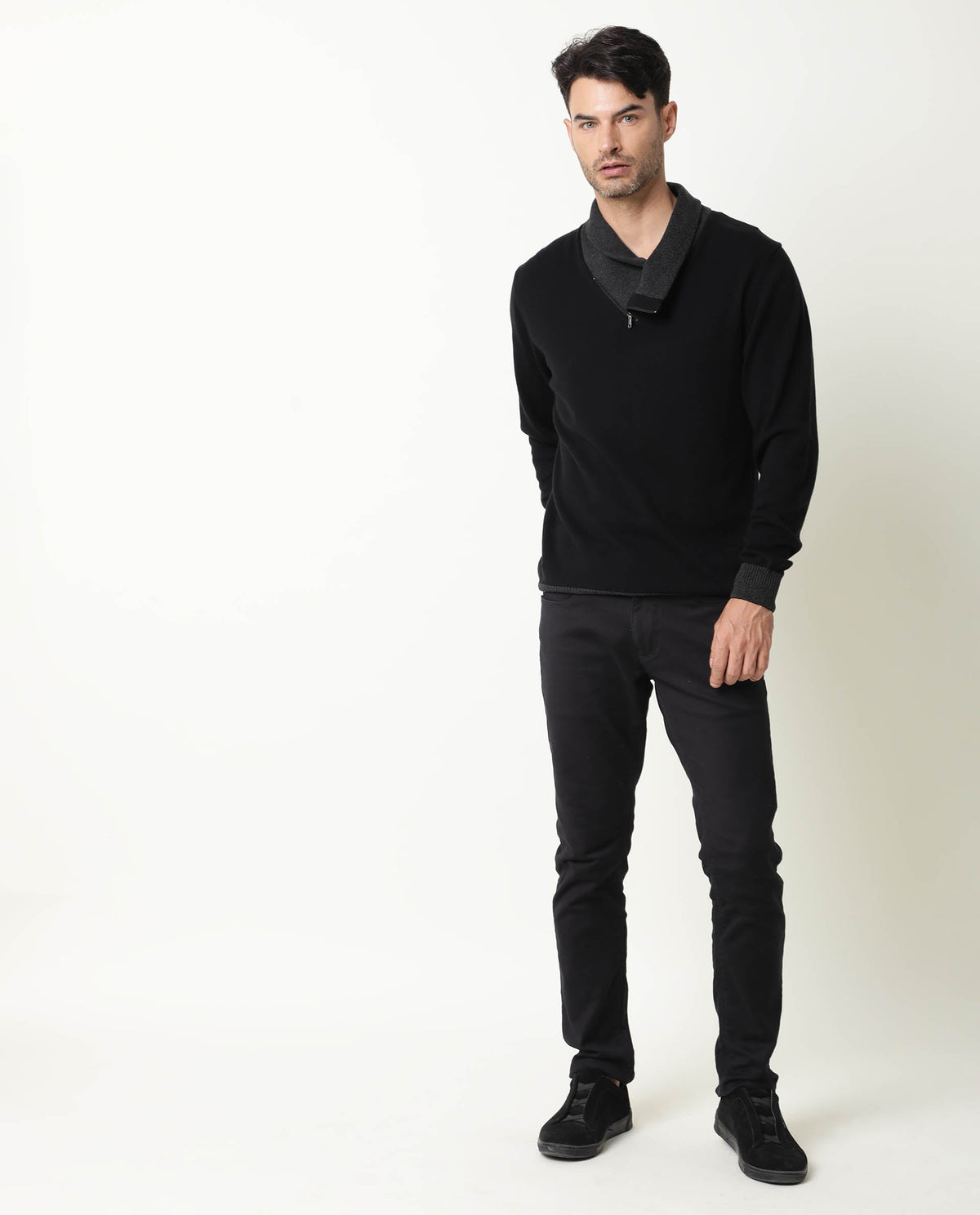 RARE RABBIT MEN'S DENVER BLACK PULLOVER COTTON FABRIC COWL NECK FULL SLEEVES ZIPPER CLOSURE SLIM FIT