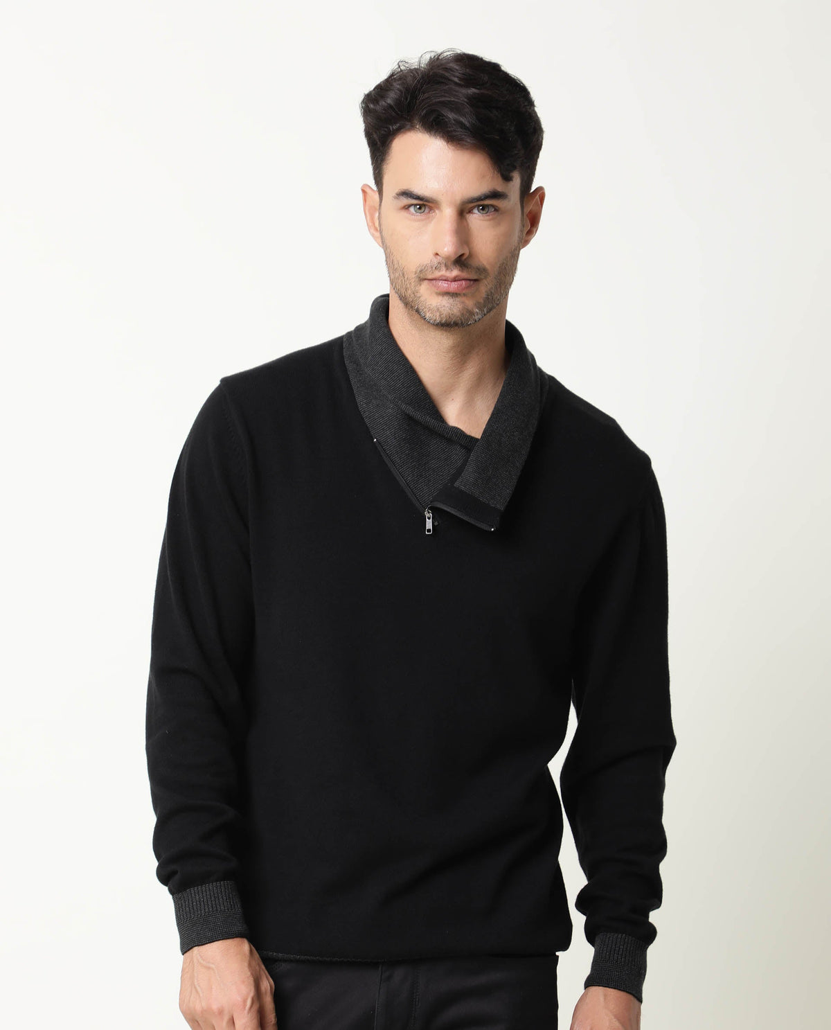 RARE RABBIT MEN'S DENVER BLACK PULLOVER COTTON FABRIC COWL NECK FULL SLEEVES ZIPPER CLOSURE SLIM FIT
