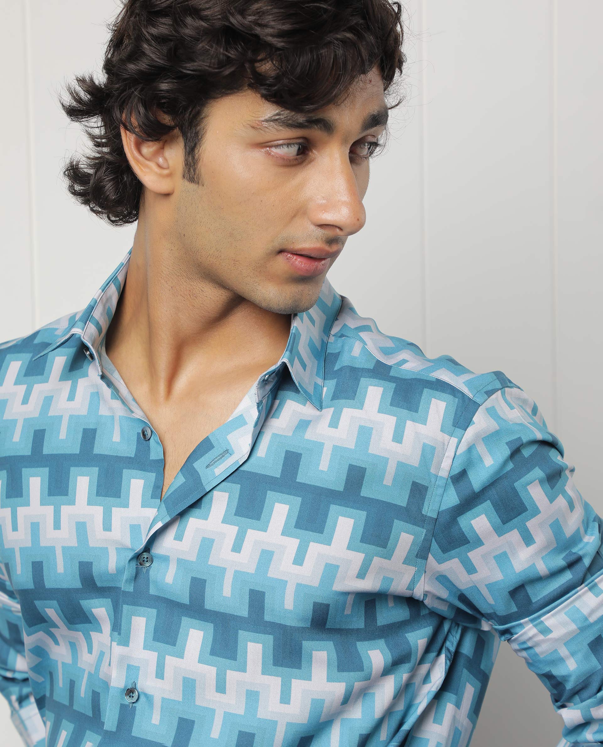 Rare Rabbit Men's Copat Blue Viscose Fabric Geometric Print Full Sleeves Shirt