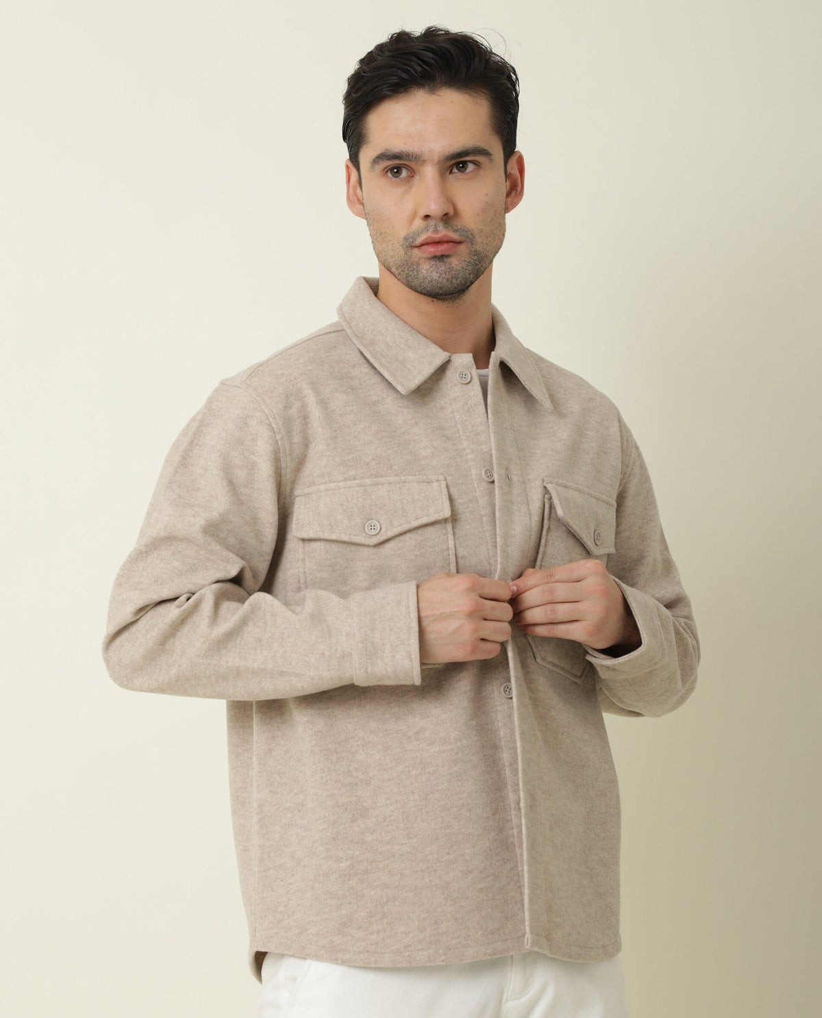 RARE RABBIT MEN'S SHACK BEIGE JACKET POLYESTER FABRIC COLLARED NECK FULL SLEEVES BUTTON CLOSURE SLIM FIT