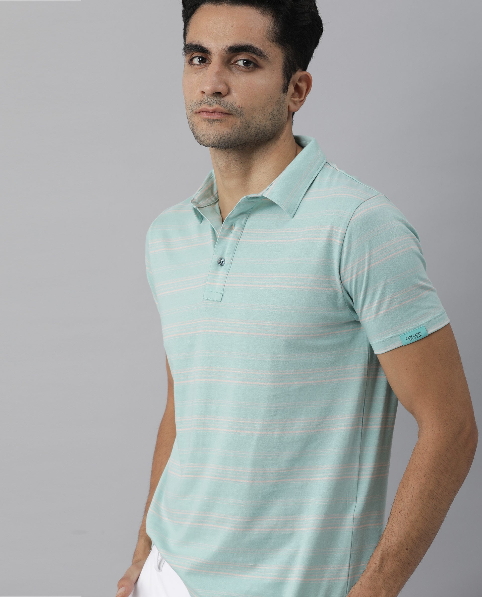 RARE RABBIT NEON LIGHT TURQ POLO COTTON FABRIC SHORT SLEEVE POLO COLLAR SLIM FIT
