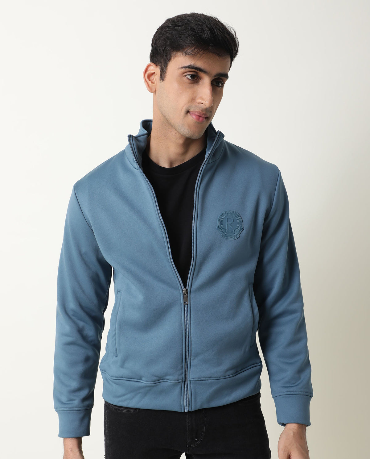 Rare Rabbit Mens Bond Blue Jacket Polyester Fabric Slim Fit Collar Collar Full Sleeve