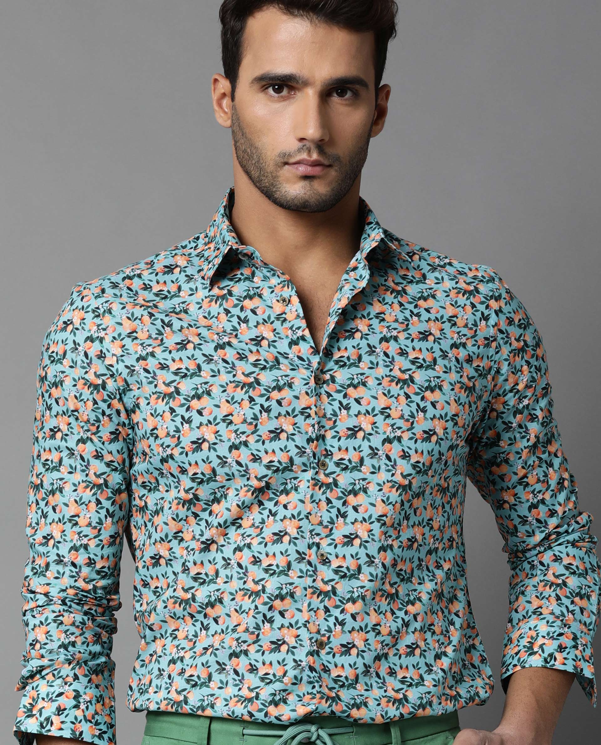 RARE RABBIT MEN'S JACK GREEN SHIRT COTTON FABRIC FULL SLEEVES PRINT SLIM FIT