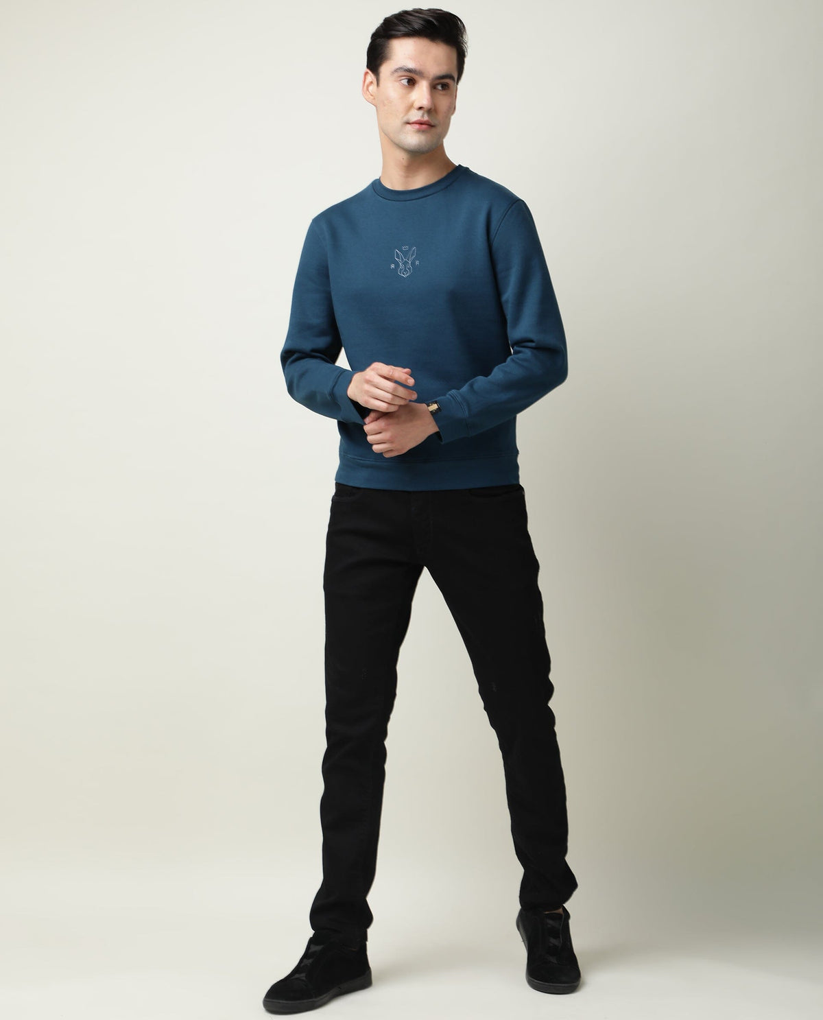 RARE RABBIT MEN'S ZEN PETROL SWEATSHIRT COTTON POLYESTER FABRIC CREW NECK FULL SLEEVES SLIM FIT