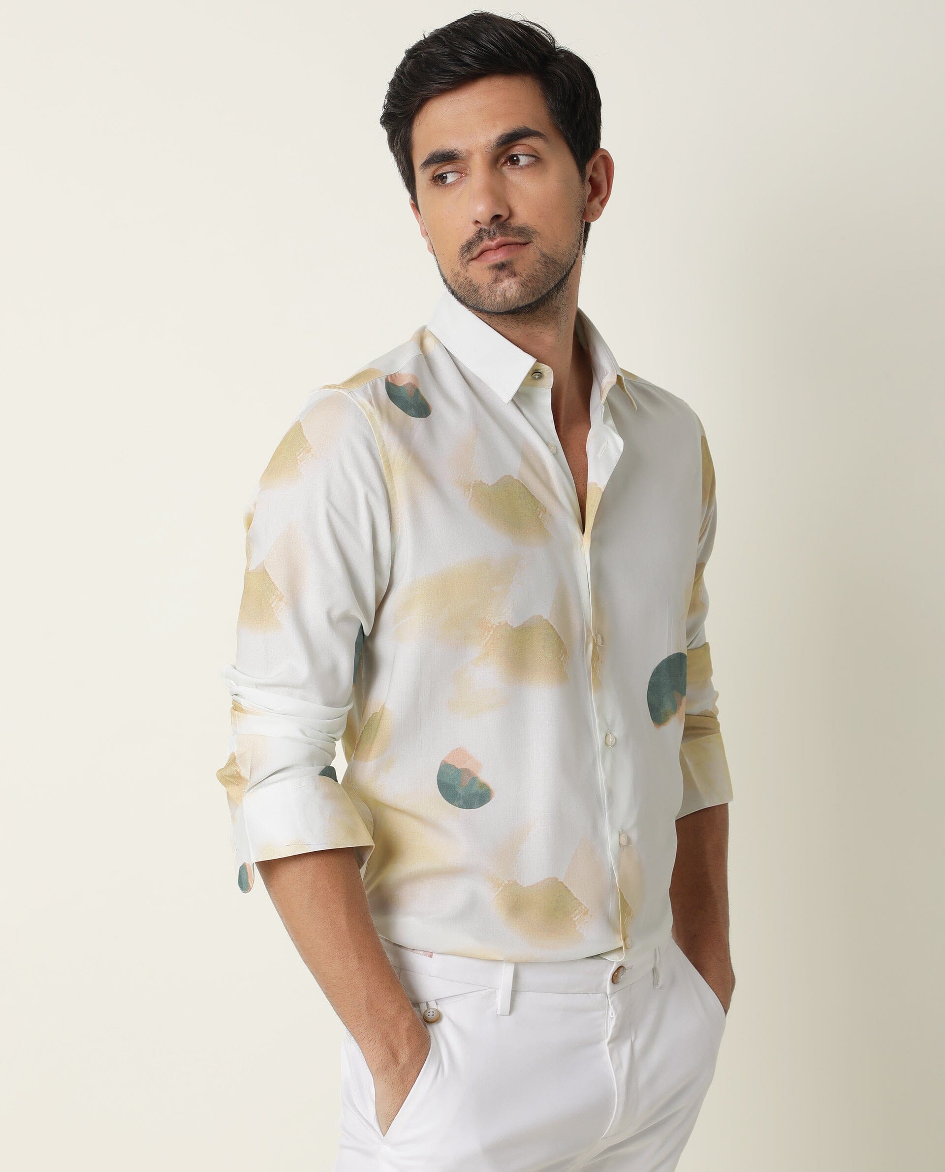 Rare Rabbit Men's Cedar Green Viscose Fabric Abstract Print Full Sleeves Shirt