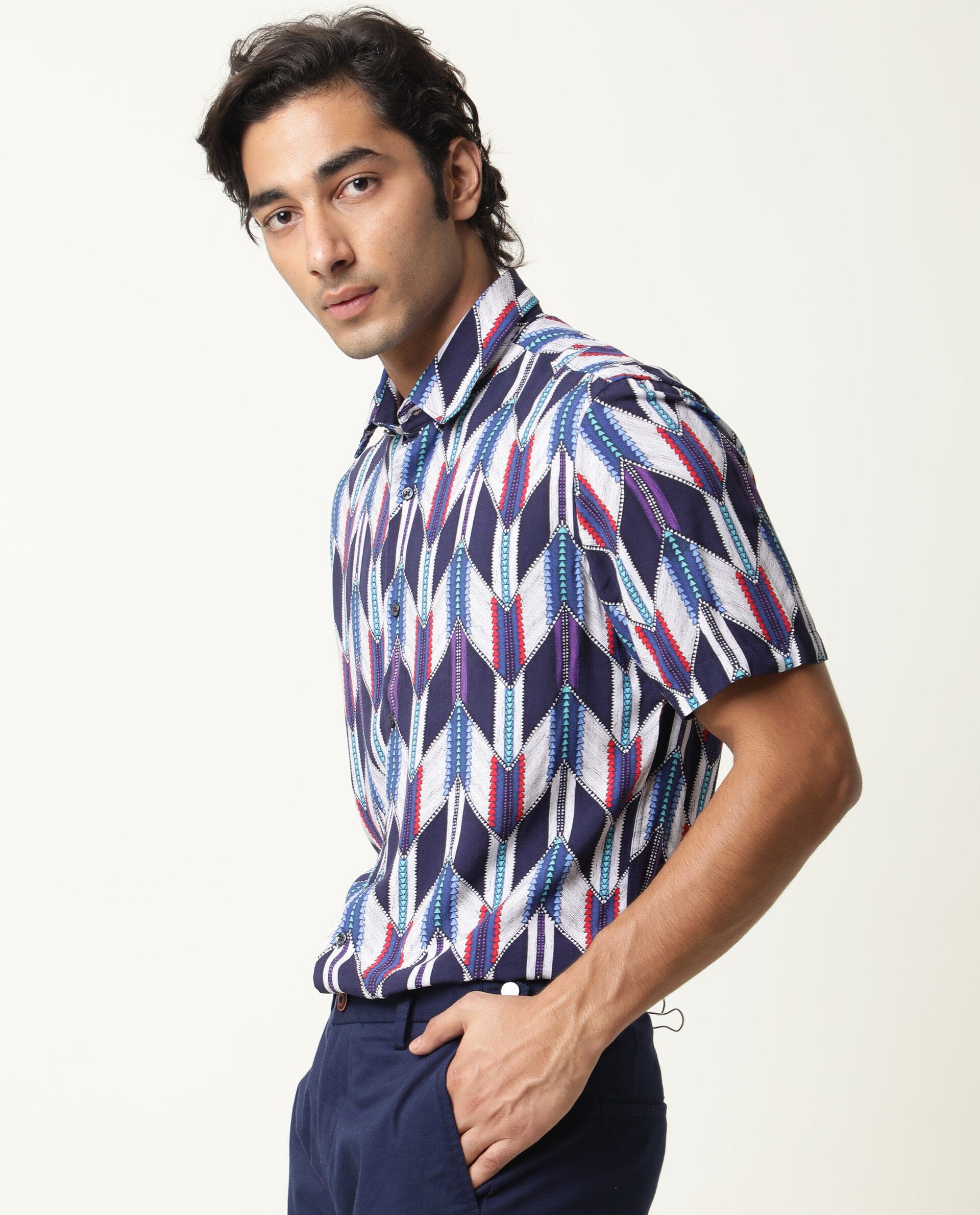 RARE RABBIT MENS CATO NAVY SHIRT VISCOSE FABRIC SLIM FIT COLLAR COLLAR Half Sleeve