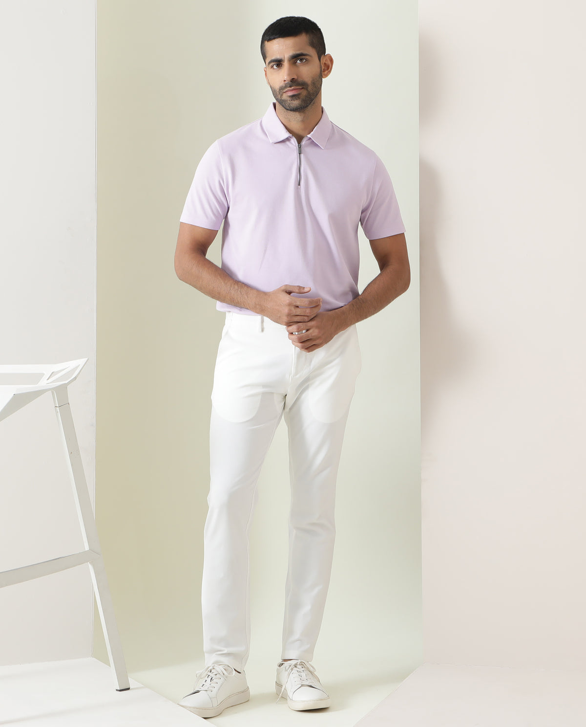 Rare Rabbit Men's Stel Pastel Purple Cotton Fabric Collared Neck Zipper Closure Half Sleeves Flat Knit Polo T-Shirt