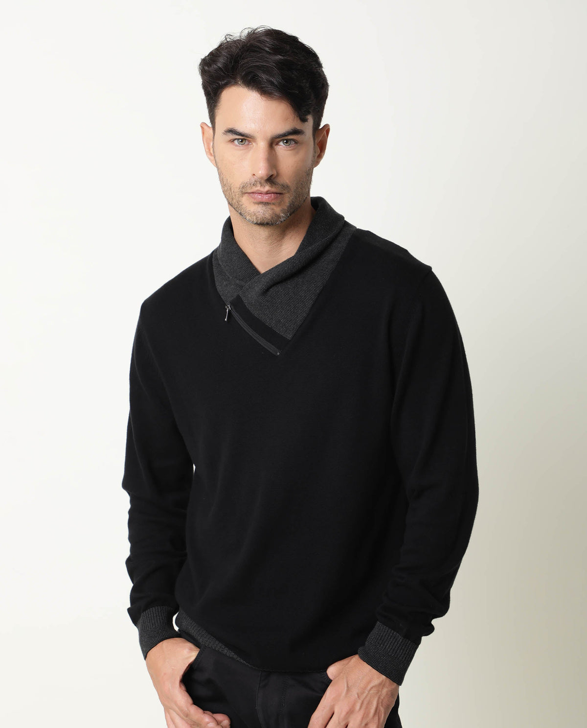 RARE RABBIT MEN'S DENVER BLACK PULLOVER COTTON FABRIC COWL NECK FULL SLEEVES ZIPPER CLOSURE SLIM FIT